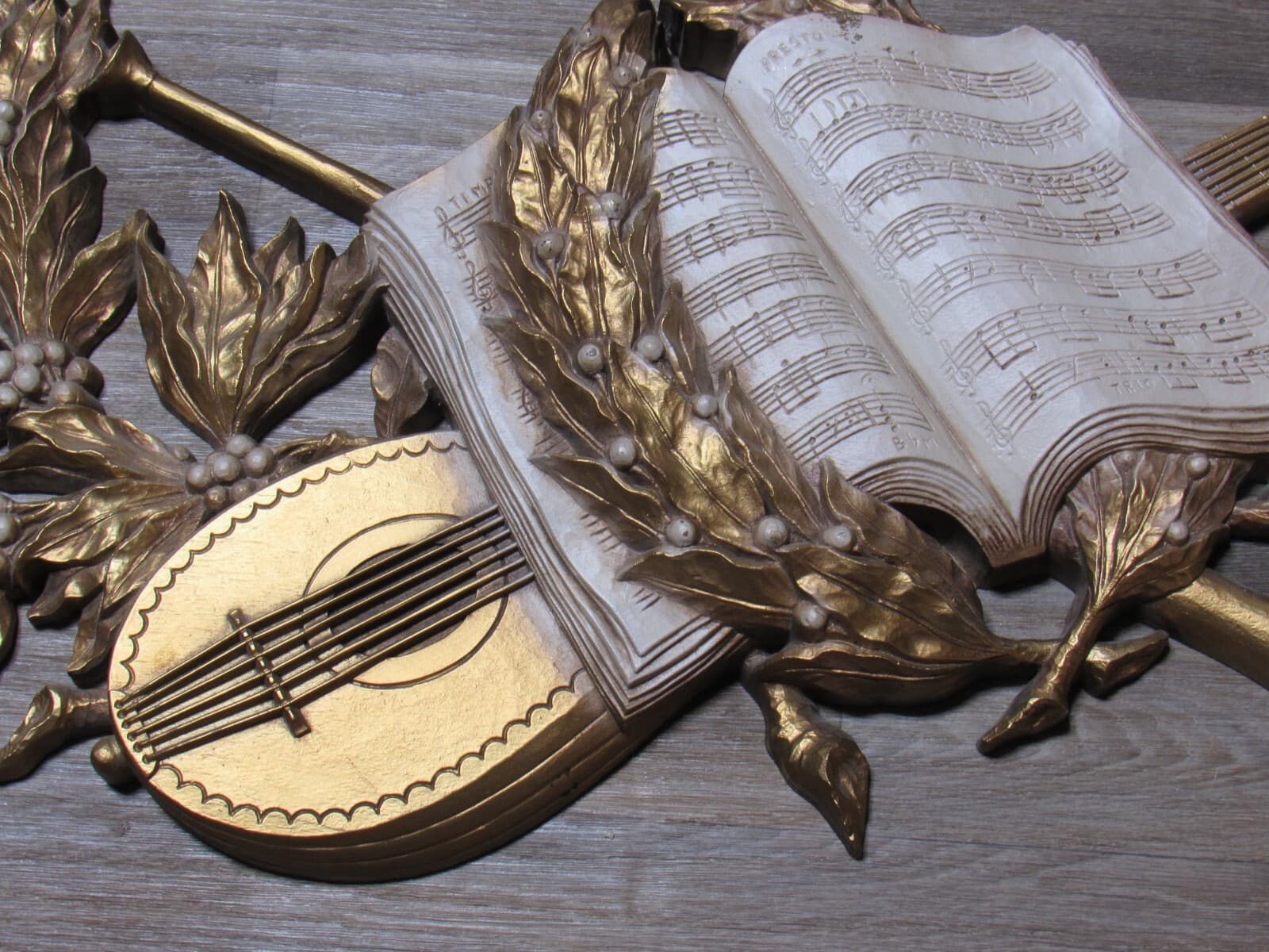 Lute Horn Wall Art Burwood 4386 USA Vintage 16" x 42" Plaque Leaves Berries P83J - Thumbnail 2