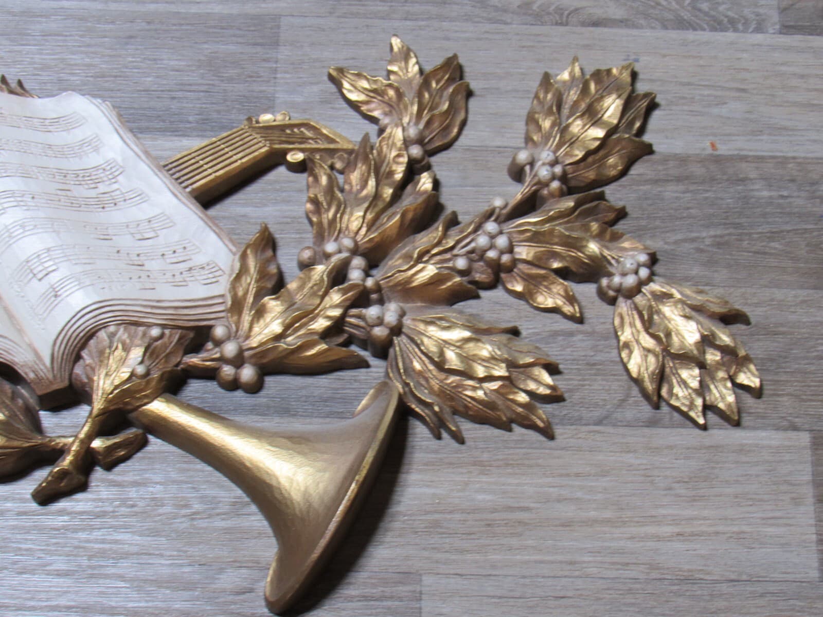 Lute Horn Wall Art Burwood 4386 USA Vintage 16" x 42" Plaque Leaves Berries P83J - Thumbnail 4