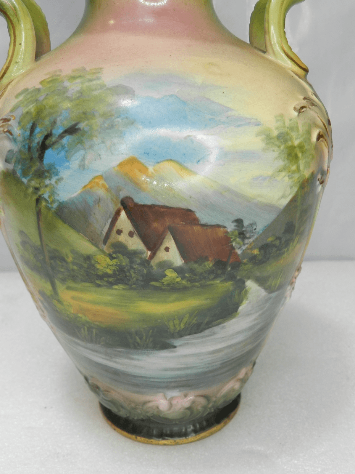Vintage Royal Bonn 8" Cottage/Farm Scene Vase Germany Double Handle (F44JJ) - Thumbnail 2