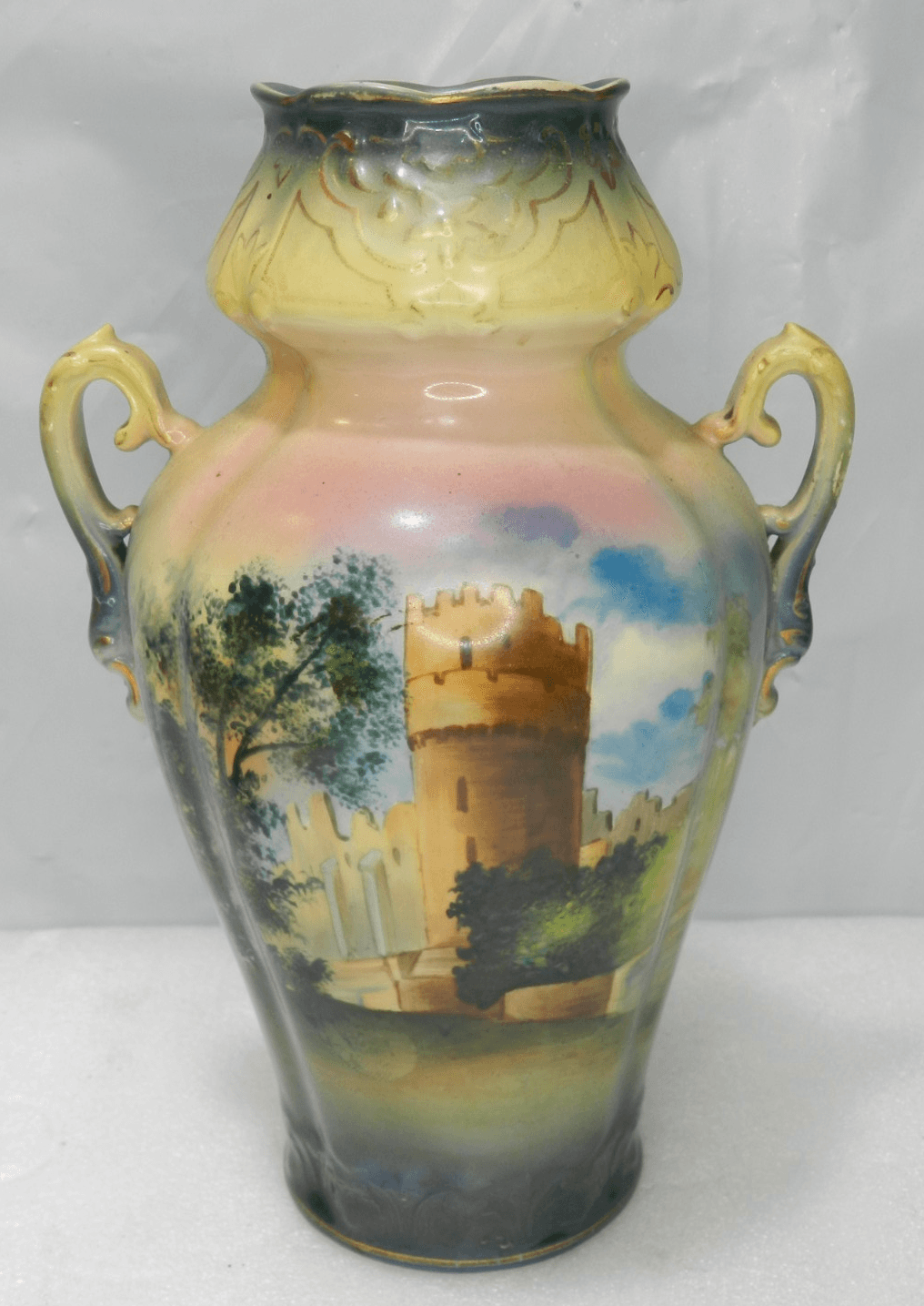 Vintage Royal Bonn 8" Castle Scene Vase Germany Double Handle (F43JJ)