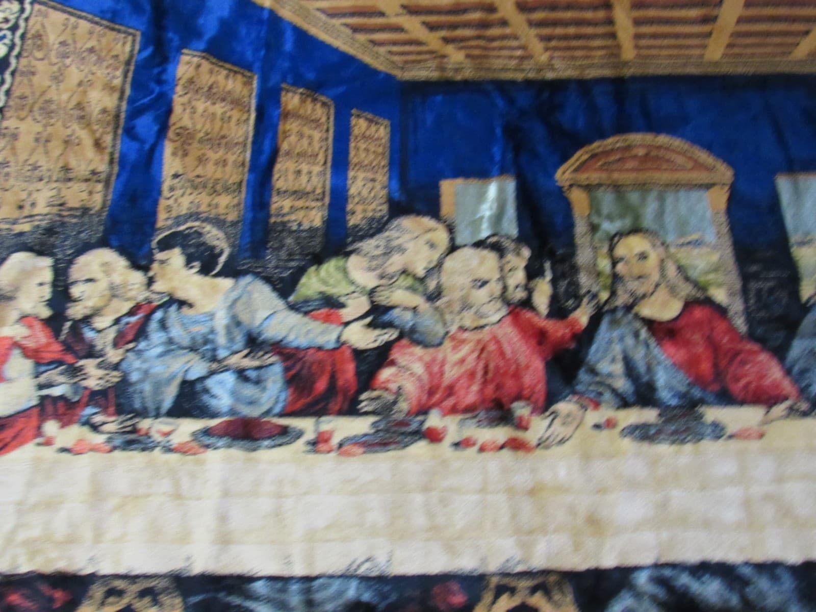 Vintage Da Vinci's Last Supper Velvet Tapestry Fringe Wall Hanging 48”X 72” F66J - Thumbnail 3