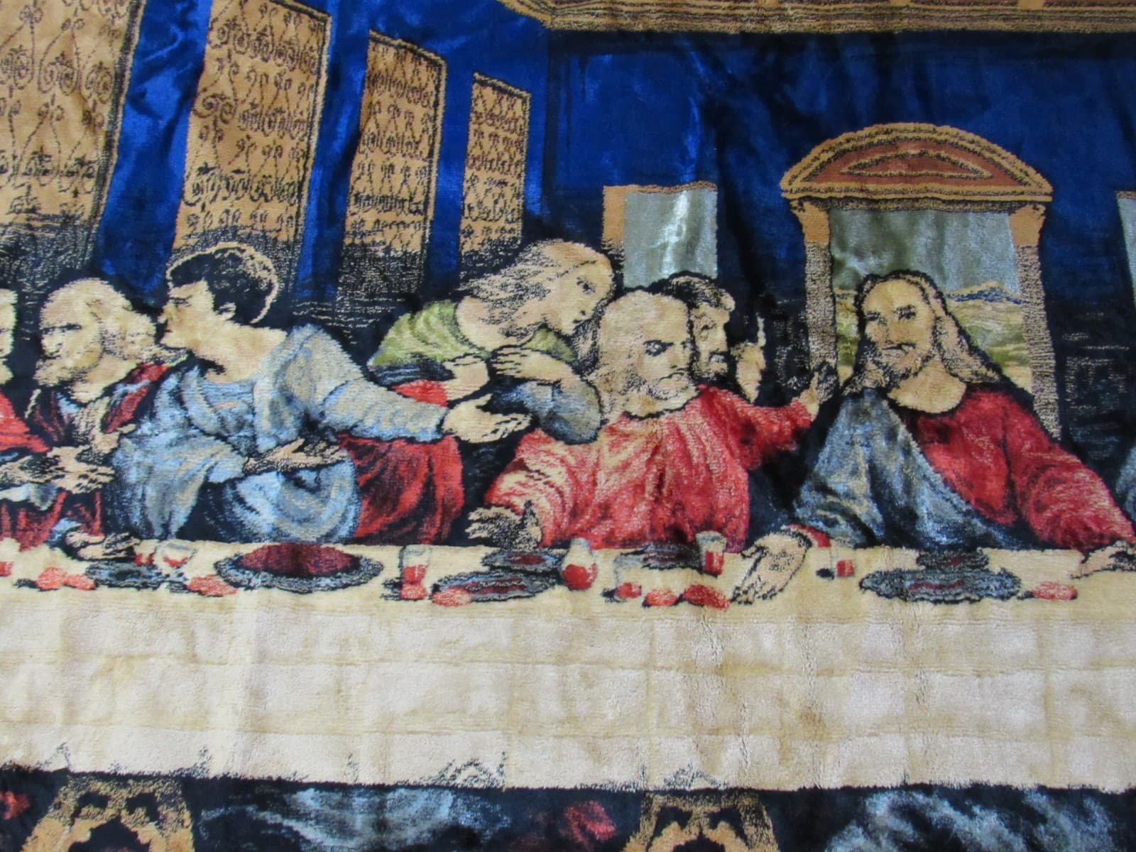 Vintage Da Vinci's Last Supper Velvet Tapestry Fringe Wall Hanging 48”X 72” F66J - Thumbnail 4