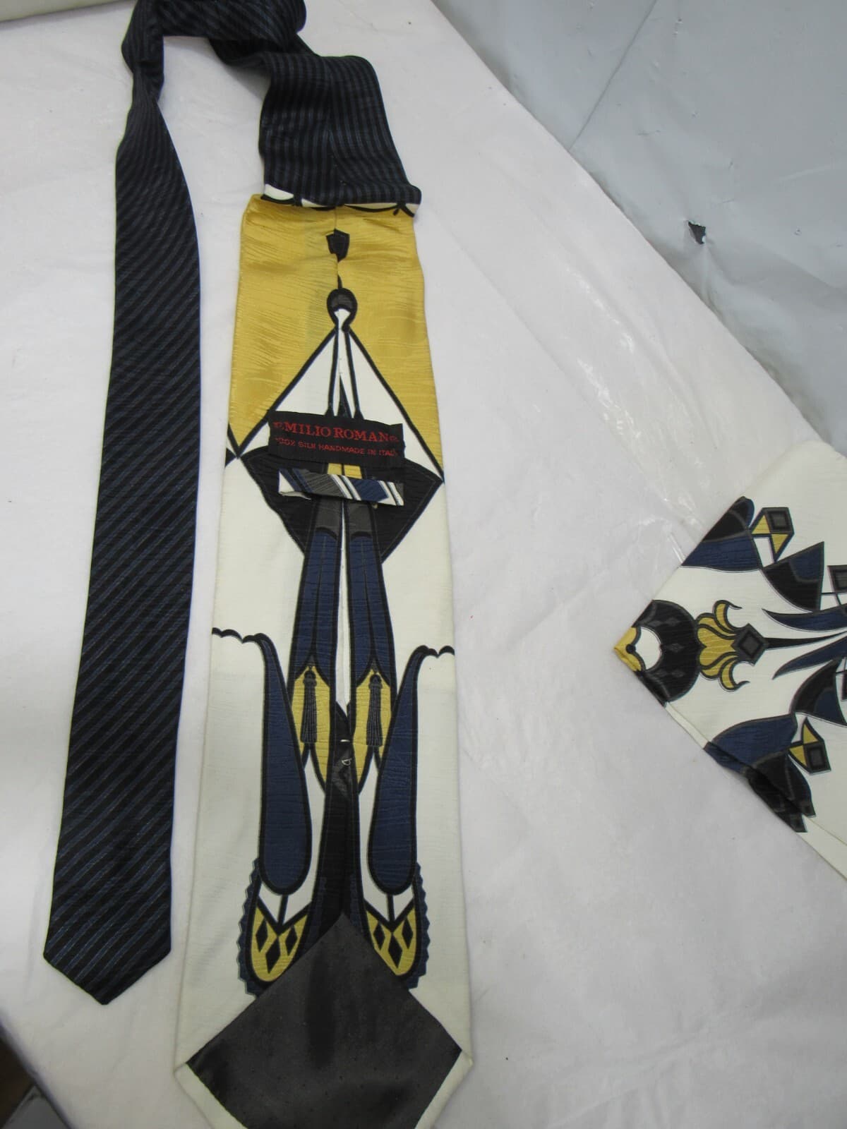 Emilio Romano Mens 100% Silk Neck Tie Navy Gold Geometric Handmade In Italy S7K - Thumbnail 6