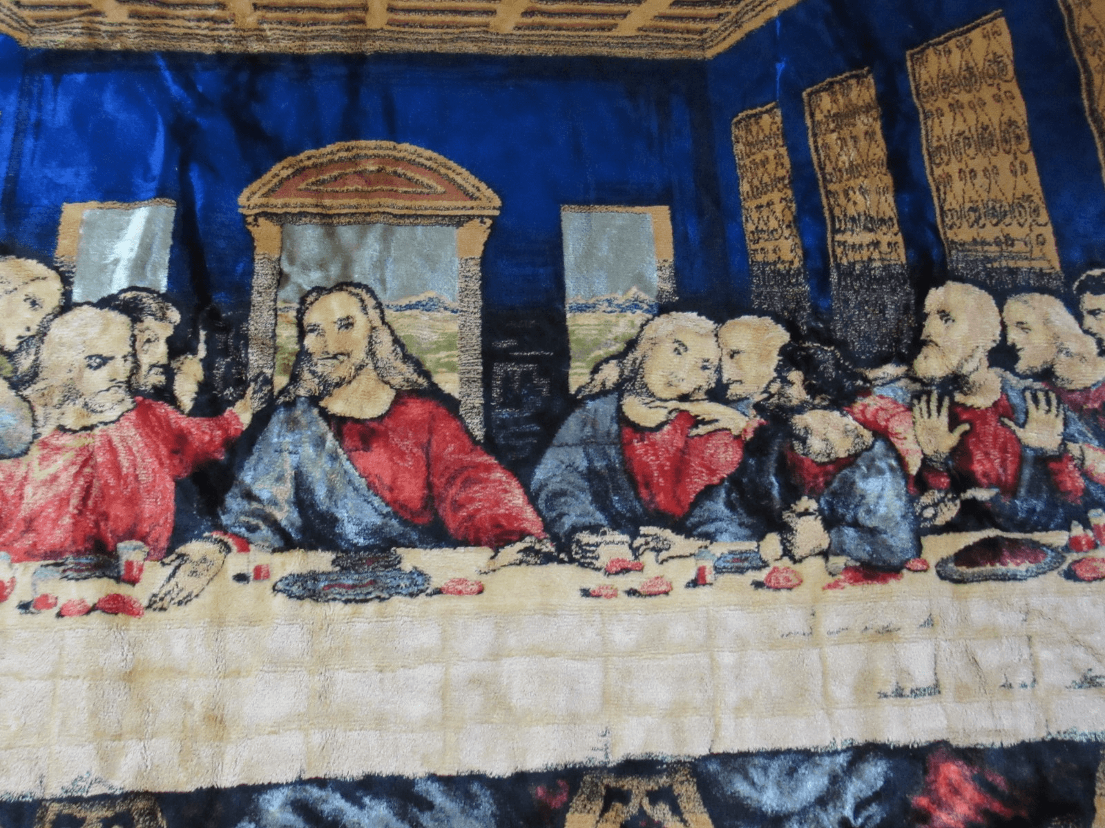 Vintage Da Vinci's Last Supper Velvet Tapestry Fringe Wall Hanging 48”X 72” F66J - Thumbnail 6