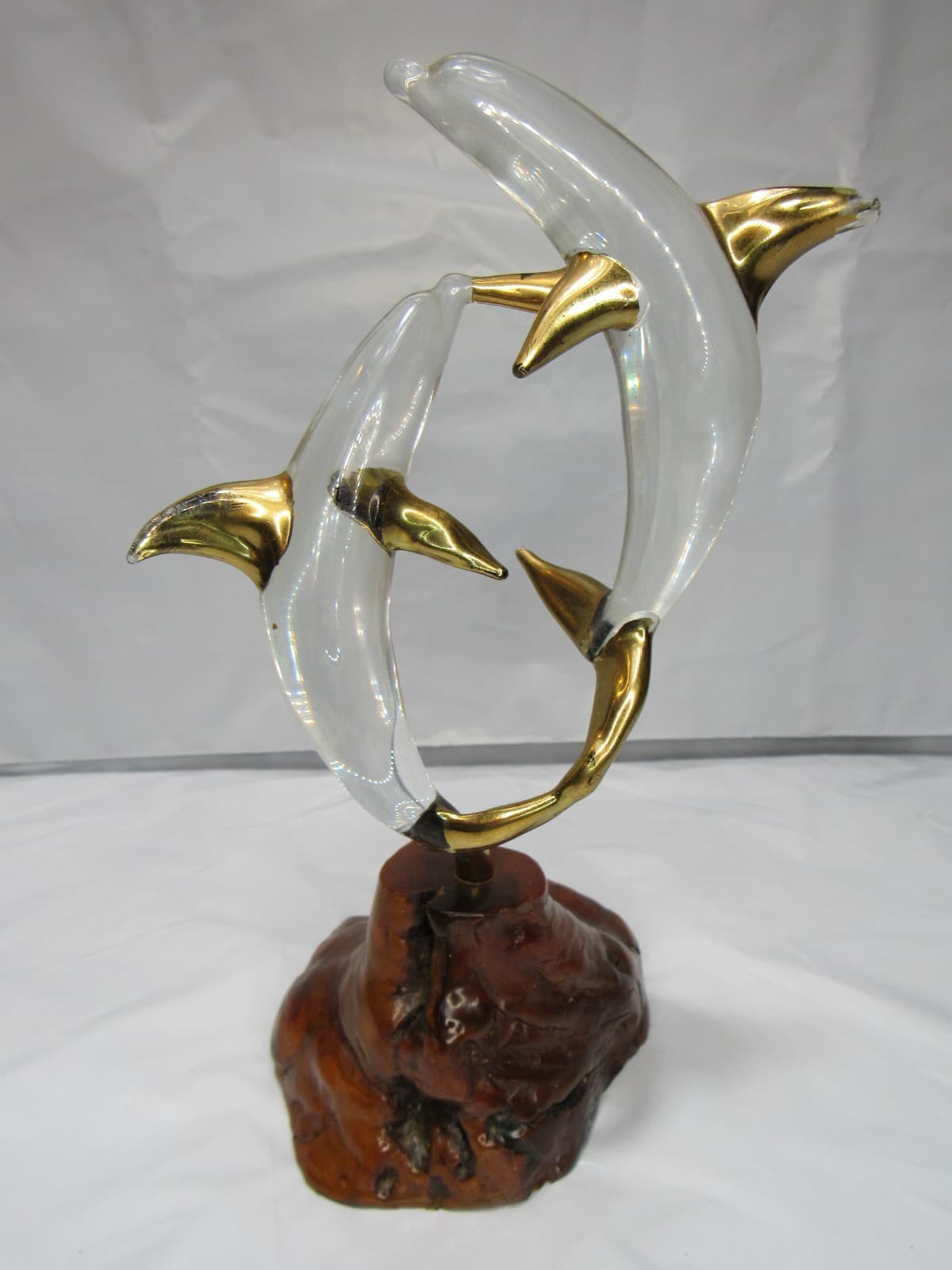 Glass Double Dolphins 22KT Gold Fins Burled Wood (S67M) - Thumbnail 4