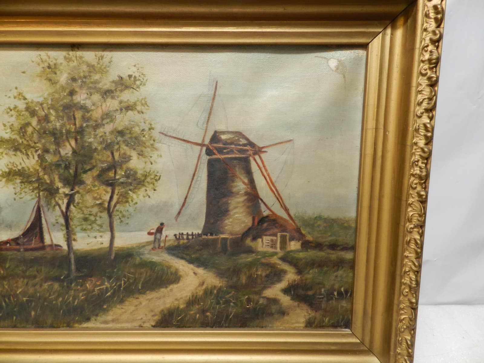 Dutch School Oil on Canvas Painting 1880 - 1920 Dutch Windmill Pro Framed (L74S) - Thumbnail 3