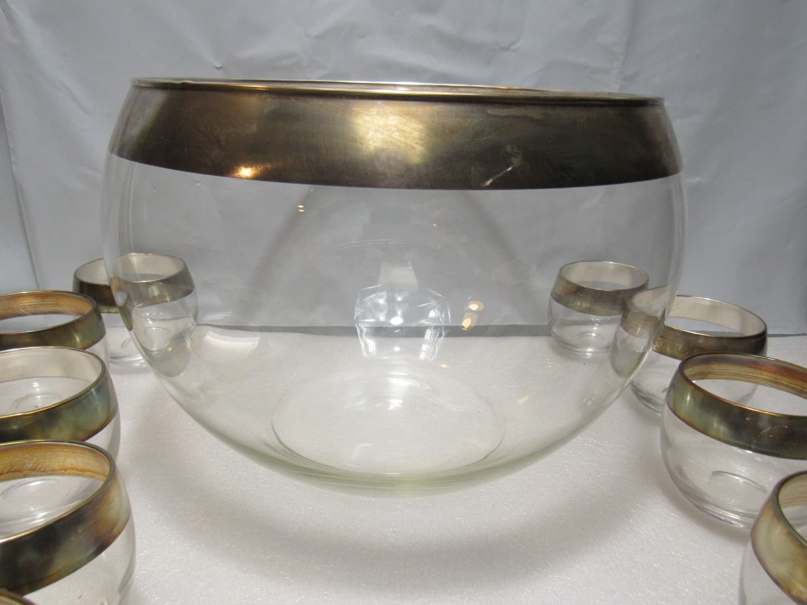 Vintage MCM Dorothy Thorpe Silver Wide Band Punch Bowl & 12 Roly Poly Cups S84JJ - Thumbnail 9