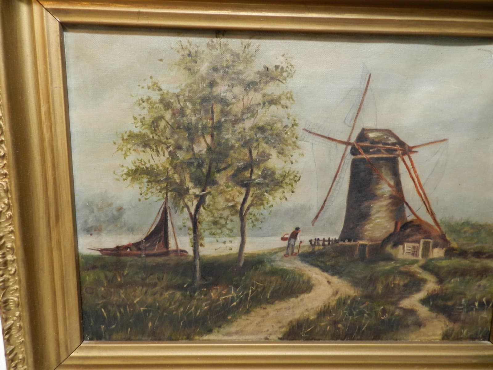 Dutch School Oil on Canvas Painting 1880 - 1920 Dutch Windmill Pro Framed (L74S) - Thumbnail 4