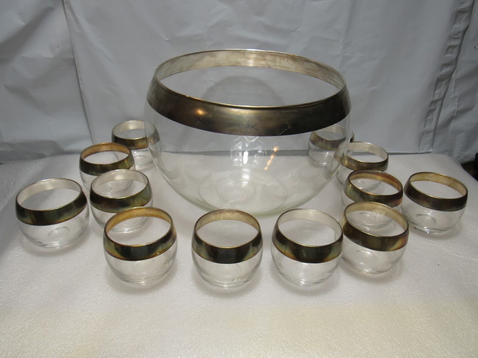 Vintage MCM Dorothy Thorpe Silver Wide Band Punch Bowl & 12 Roly Poly Cups S84JJ - Thumbnail 2