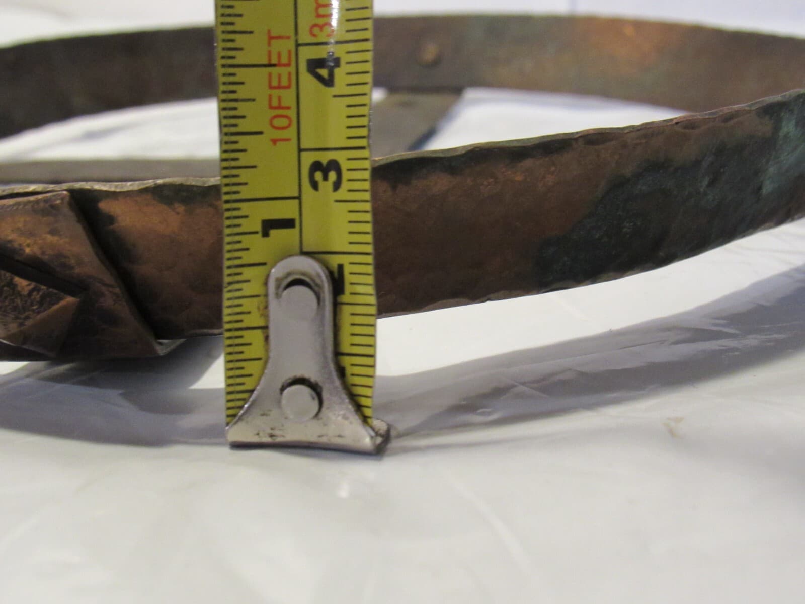 Antique Hammered Copper Stoneware Pot Dish Cradle Carrier Stand Trivet Z68S - Thumbnail 9