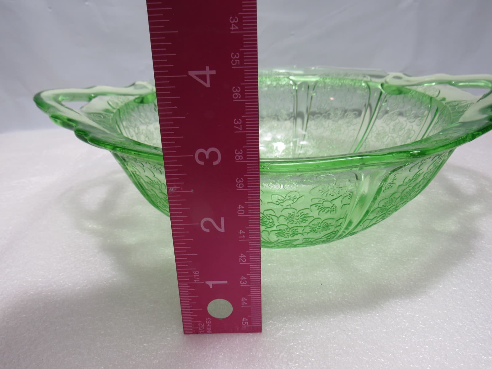 Vintage Uranium Depression Serving Glass Bowl Floral Pattern & Handles 9" S93JJ - Thumbnail 9