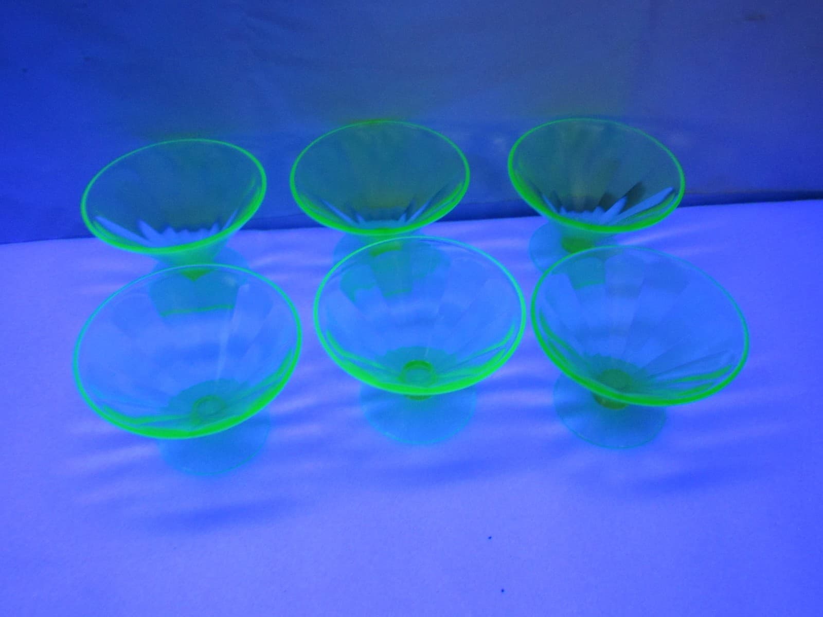6 Green Depression Vaseline Uranium Ribbed Glass Fruit Dessert Cups (S90JJ) - Thumbnail 14