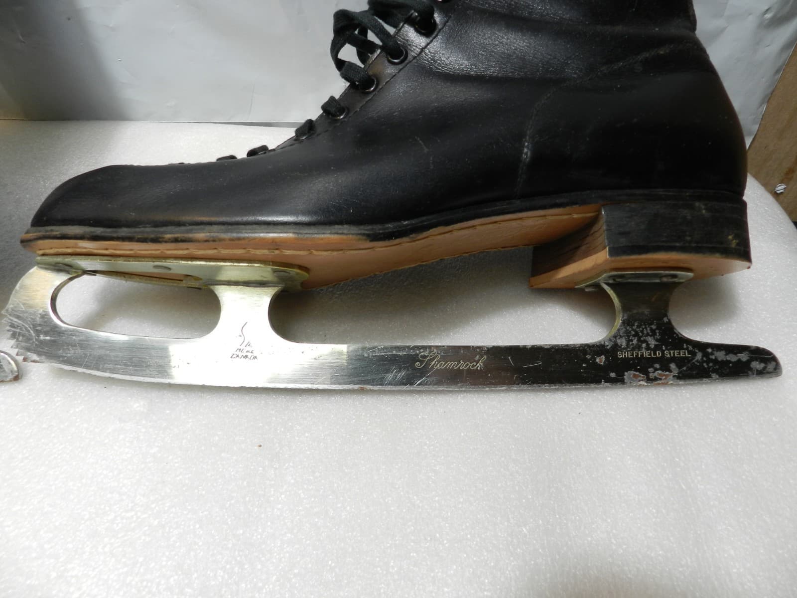 Vintage Pair Sheffield Steel Shamrock Leather Ice Skates Black 3403 (Z9J) - Thumbnail 8