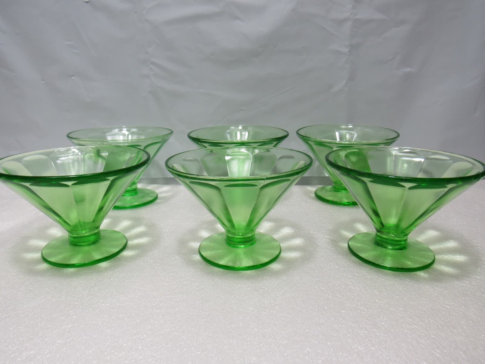 6 Green Depression Vaseline Uranium Ribbed Glass Fruit Dessert Cups (S90JJ) - Thumbnail 3