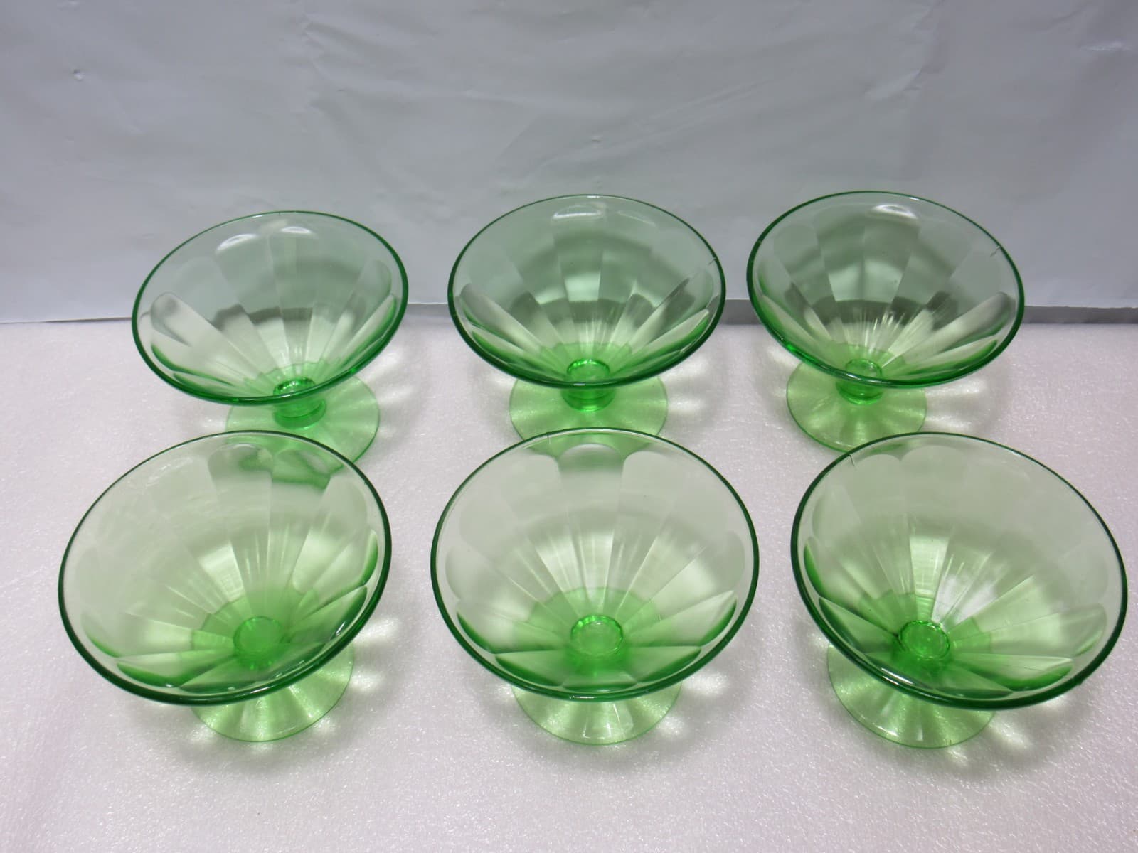 6 Green Depression Vaseline Uranium Ribbed Glass Fruit Dessert Cups (S90JJ) - Thumbnail 4