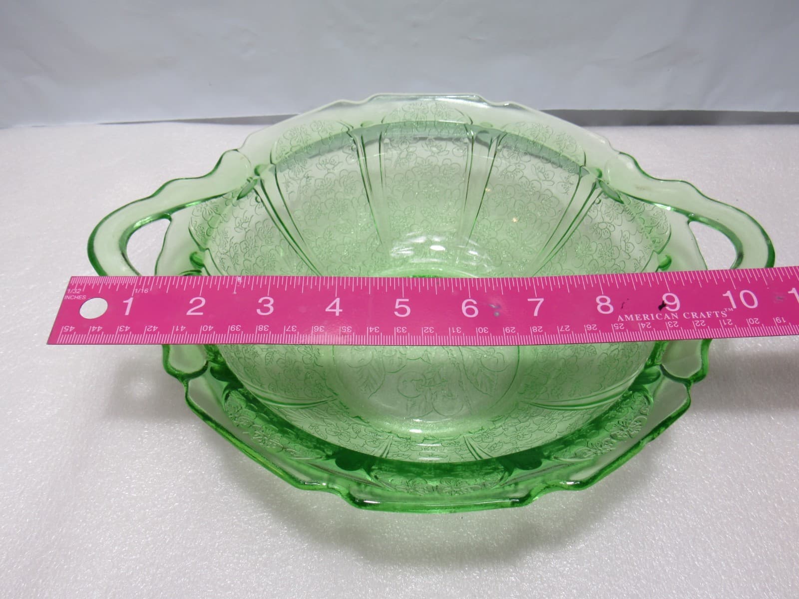 Vintage Uranium Depression Serving Glass Bowl Floral Pattern & Handles 9" S93JJ - Thumbnail 8