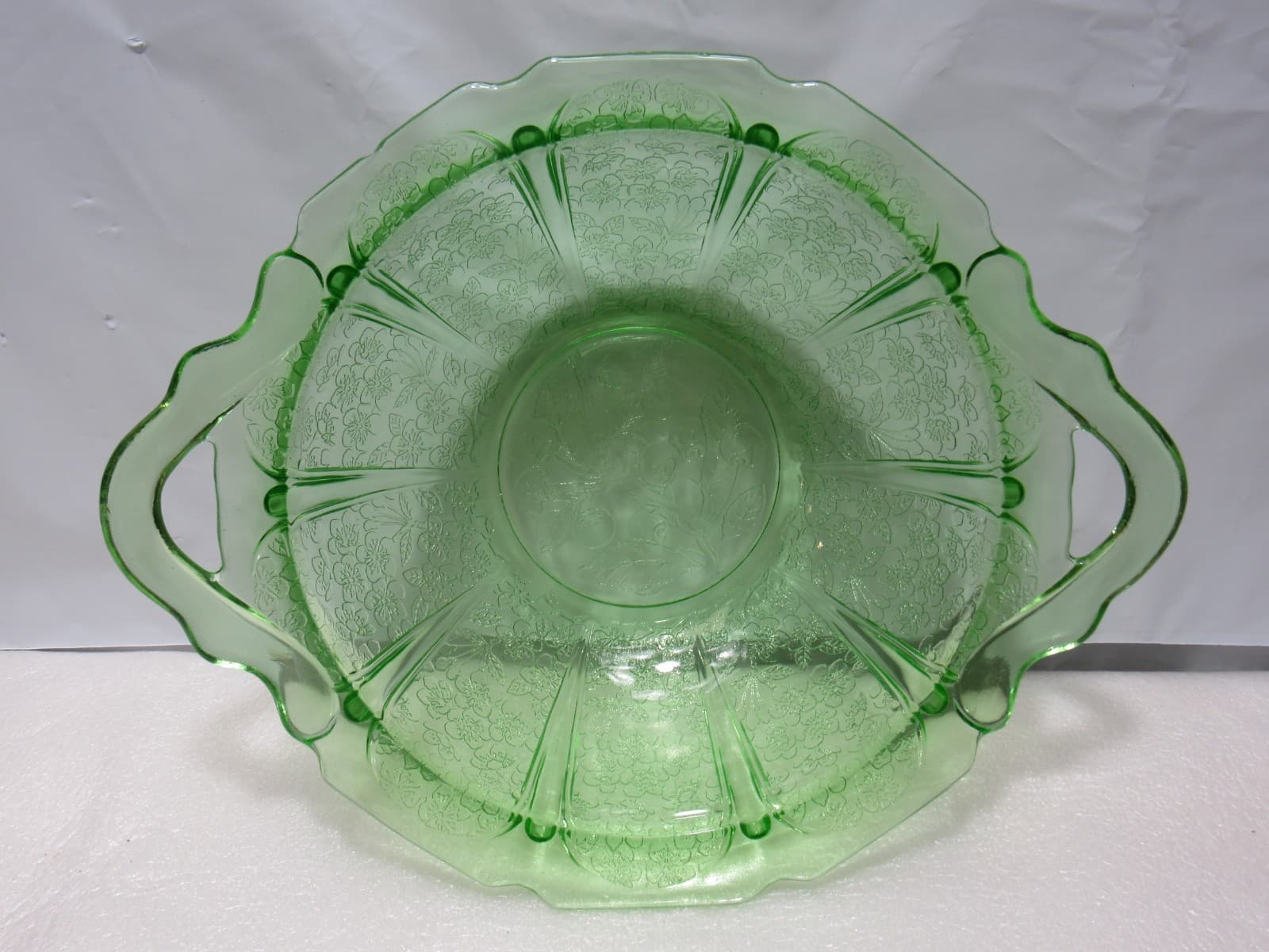 Vintage Uranium Depression Serving Glass Bowl Floral Pattern & Handles 9" S93JJ - Thumbnail 2