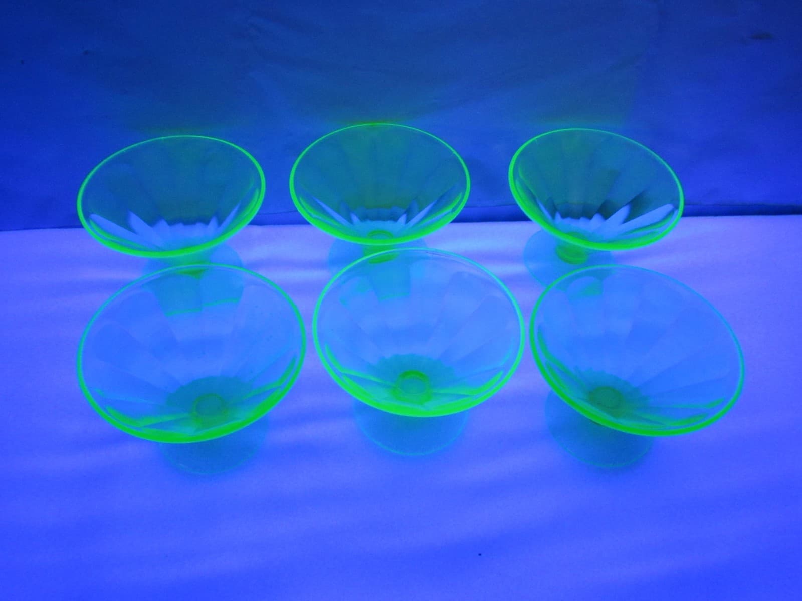6 Green Depression Vaseline Uranium Ribbed Glass Fruit Dessert Cups (S90JJ) - Thumbnail 8