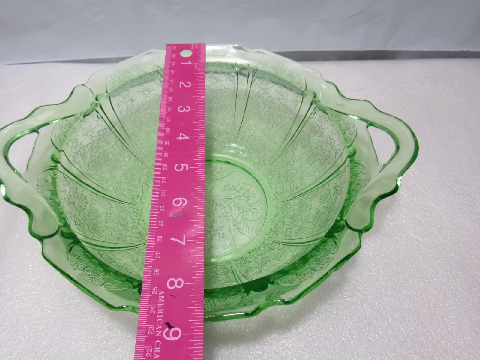 Vintage Uranium Depression Serving Glass Bowl Floral Pattern & Handles 9" S93JJ - Thumbnail 7