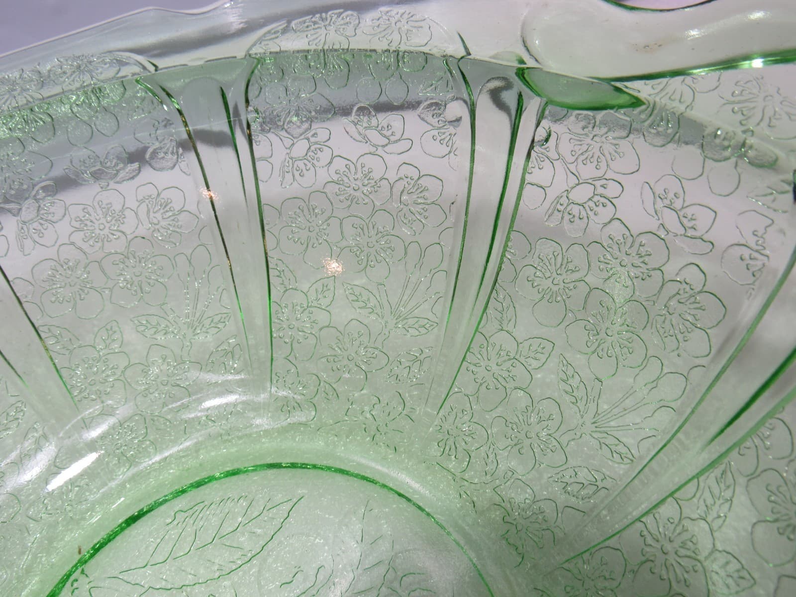 Vintage Uranium Depression Serving Glass Bowl Floral Pattern & Handles 9" S93JJ - Thumbnail 10