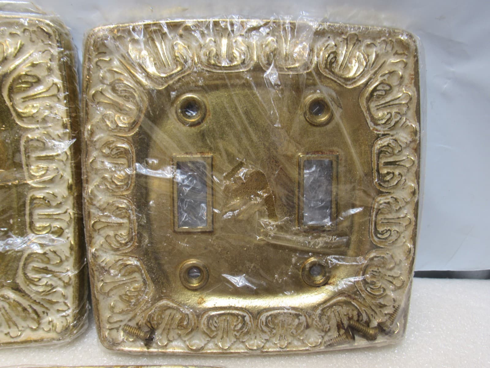 3 Vintage Mid Century Brass Double Light Switch / Outlet Plates Gold 5" (Z27J) - Thumbnail 3