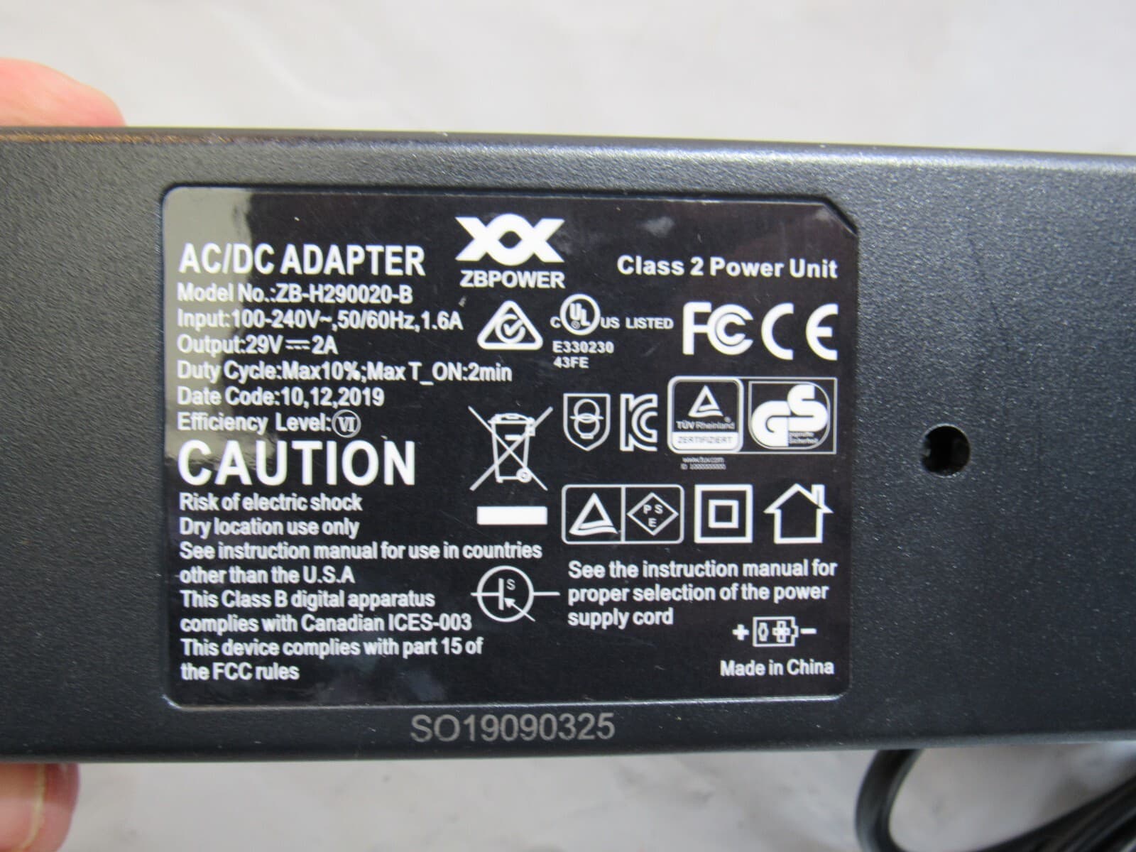 ZBPower AC/DC Adapter Class 2 Power Unit MODEL NO: ZB-H290020-B (J94K) - Thumbnail 2
