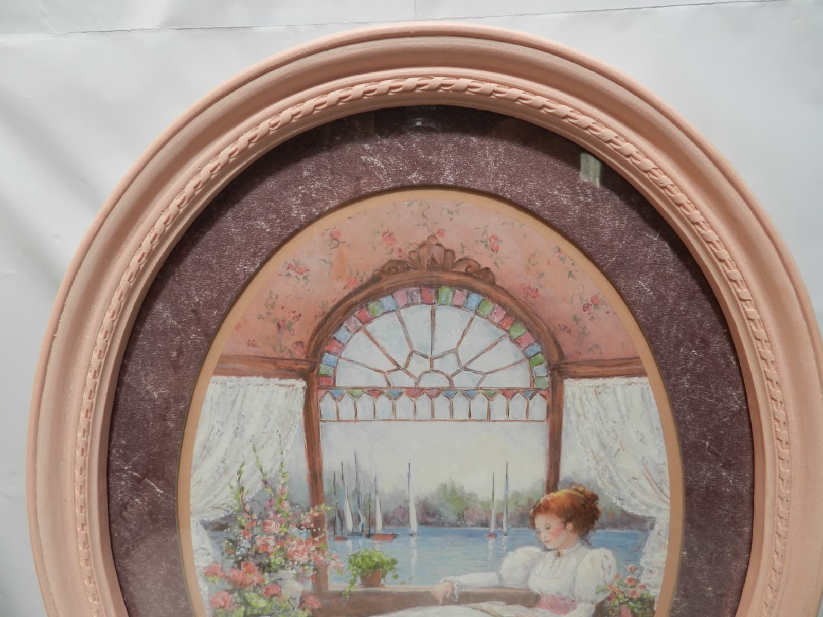 Vintage Home Interiors "Lady in the Window" Oval Wall Picture Pink Frame D83J - Thumbnail 2