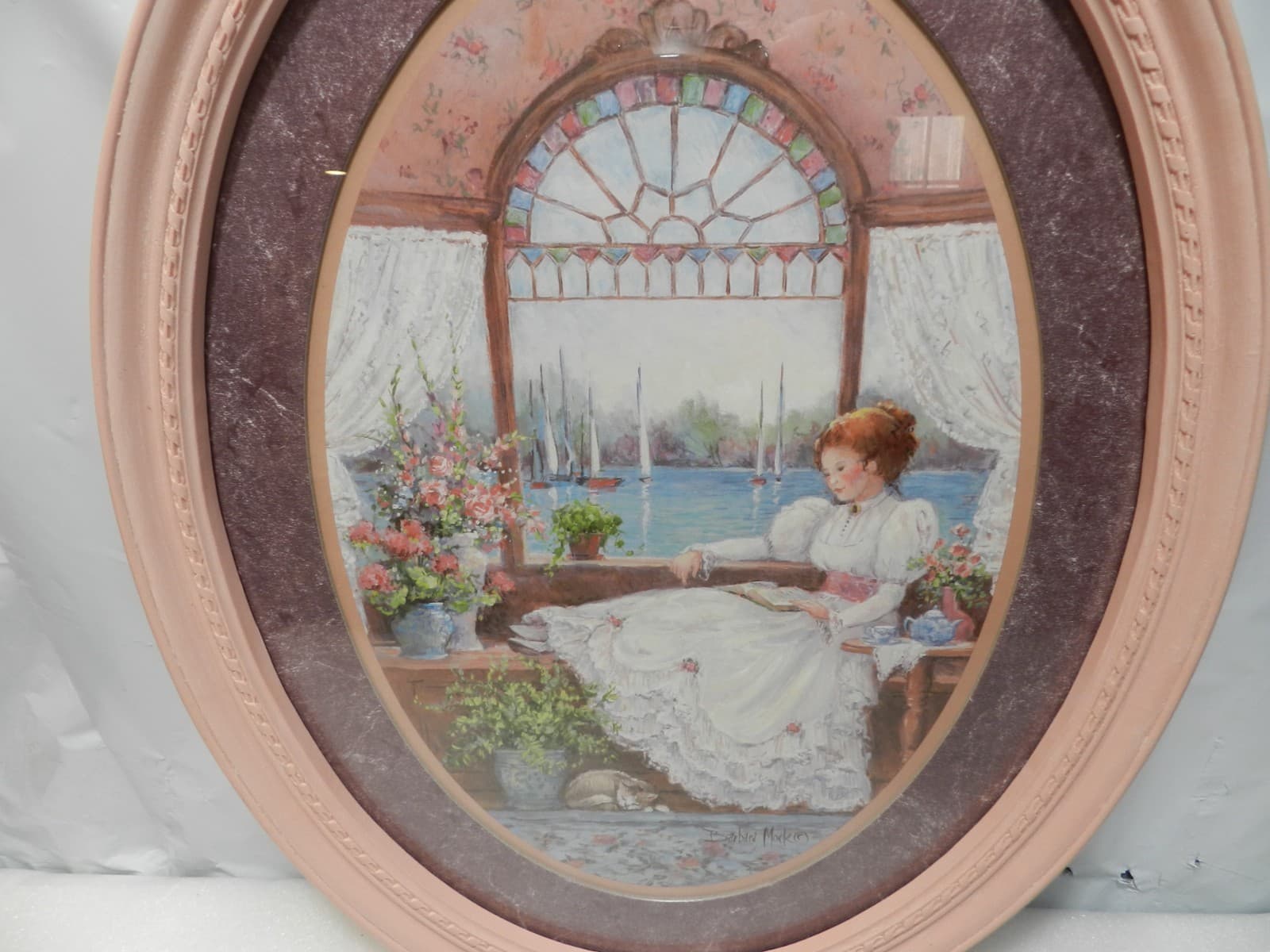 Vintage Home Interiors "Lady in the Window" Oval Wall Picture Pink Frame D83J - Thumbnail 3