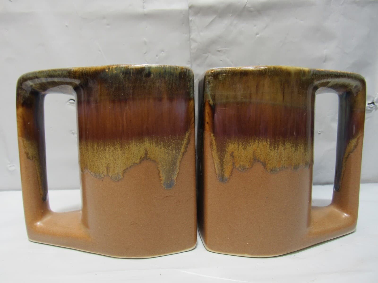 Set Of 2 Vintage Rodolfo Padilla Brown Drip Glaze Stoneware Mugs Q79K