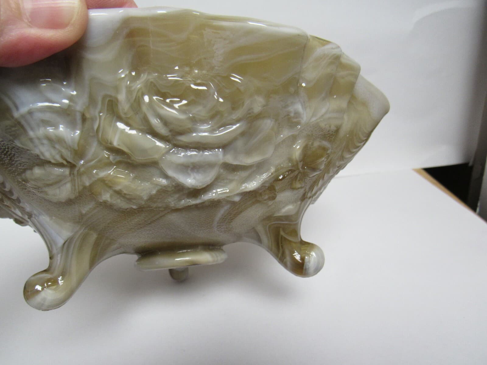 Imperial Glass Caramel Marble Ruffle Bowl Roses Olden End O Day Vintage - Thumbnail 6