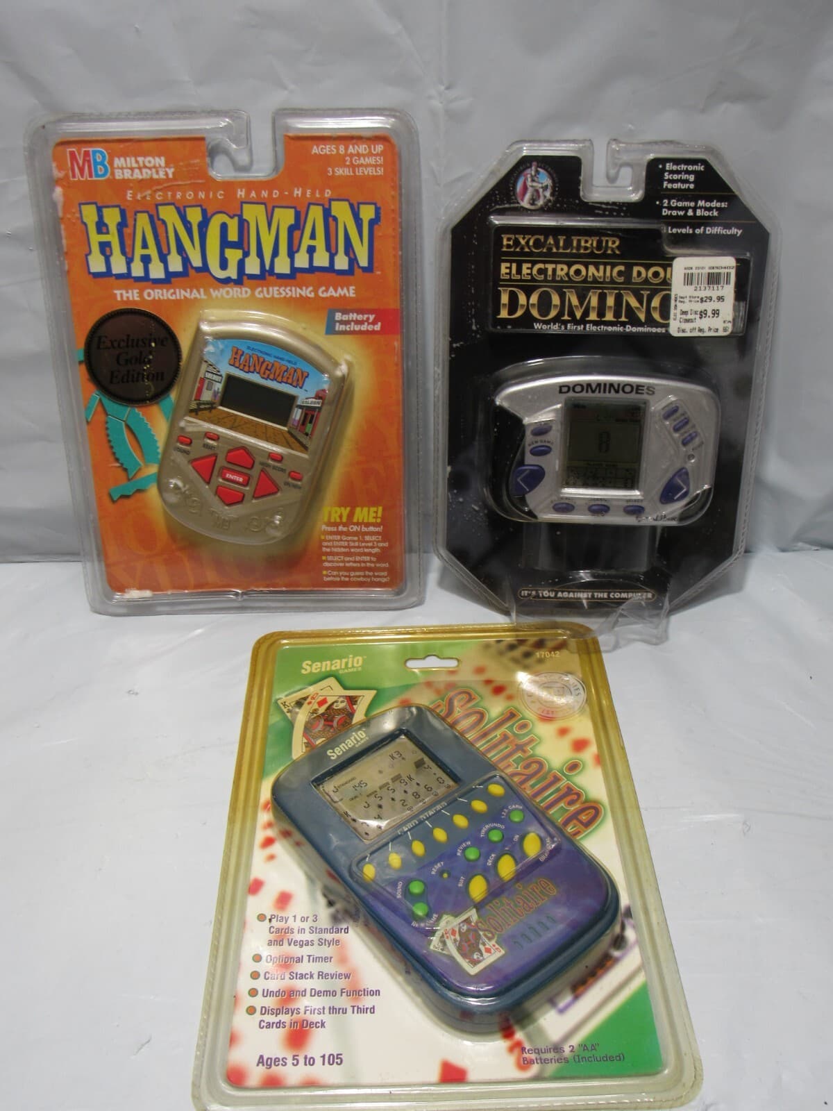 3 Electronic Hand Held Games Hangman Dominos Solitaire New Sealed O79J