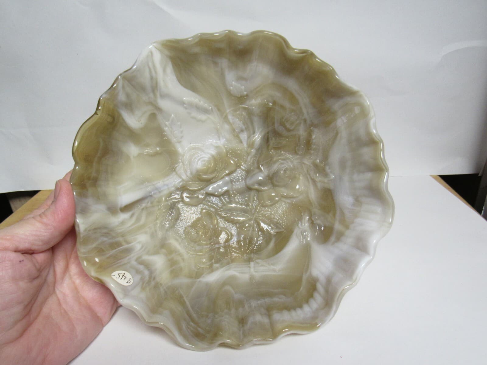 Imperial Glass Caramel Marble Ruffle Bowl Roses Olden End O Day Vintage - Thumbnail 7