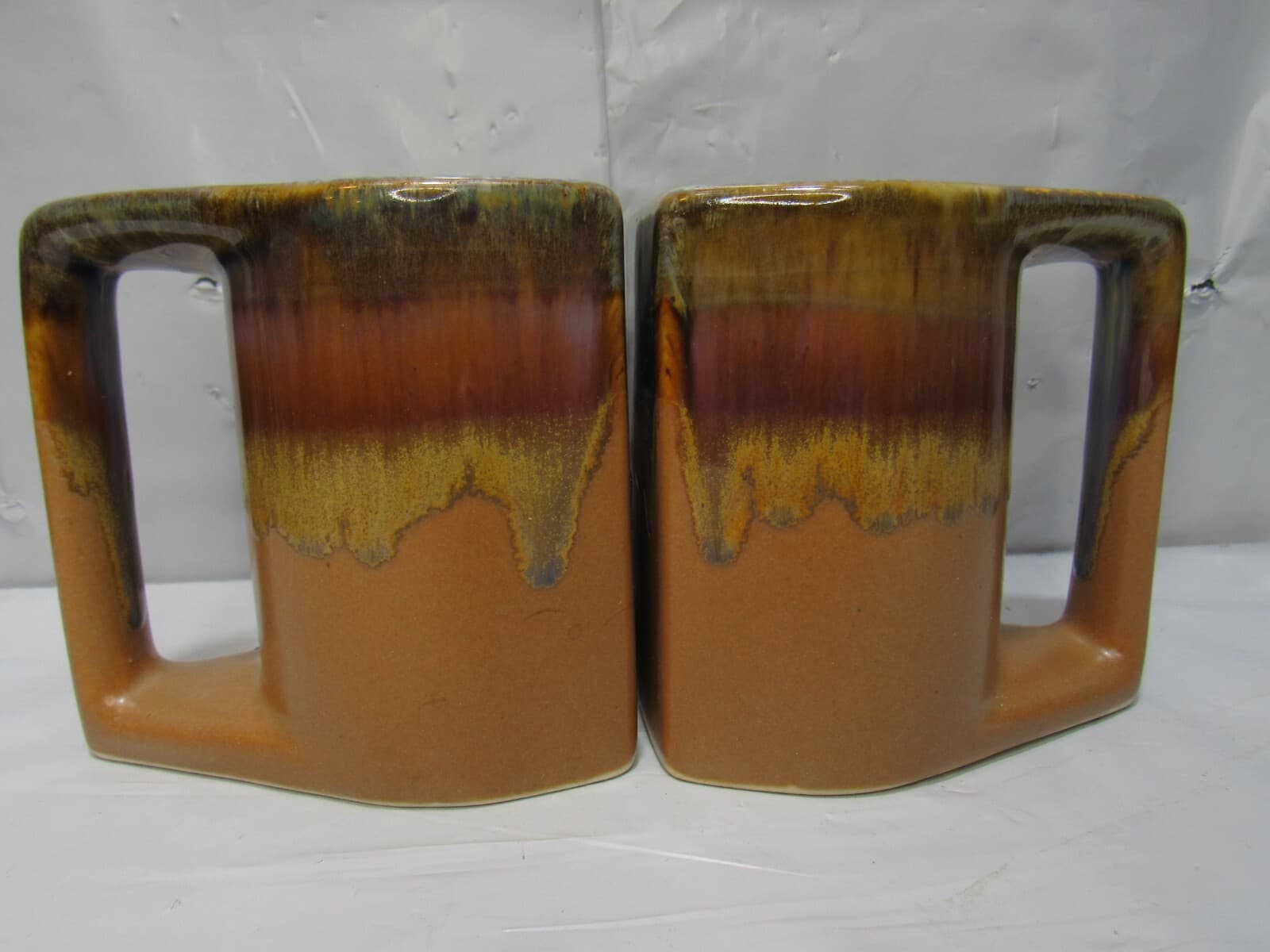 Set Of 2 Vintage Rodolfo Padilla Brown Drip Glaze Stoneware Mugs Q79K - Thumbnail 2