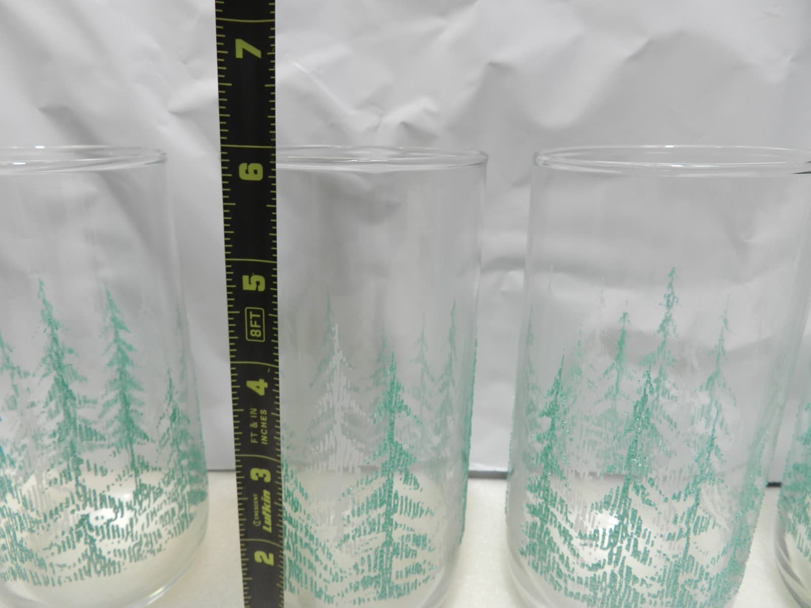 4 Vintage Libbey Frosty Pines/Christmas Tree tumblers Glasses Teal & White Z41JJ - Thumbnail 4