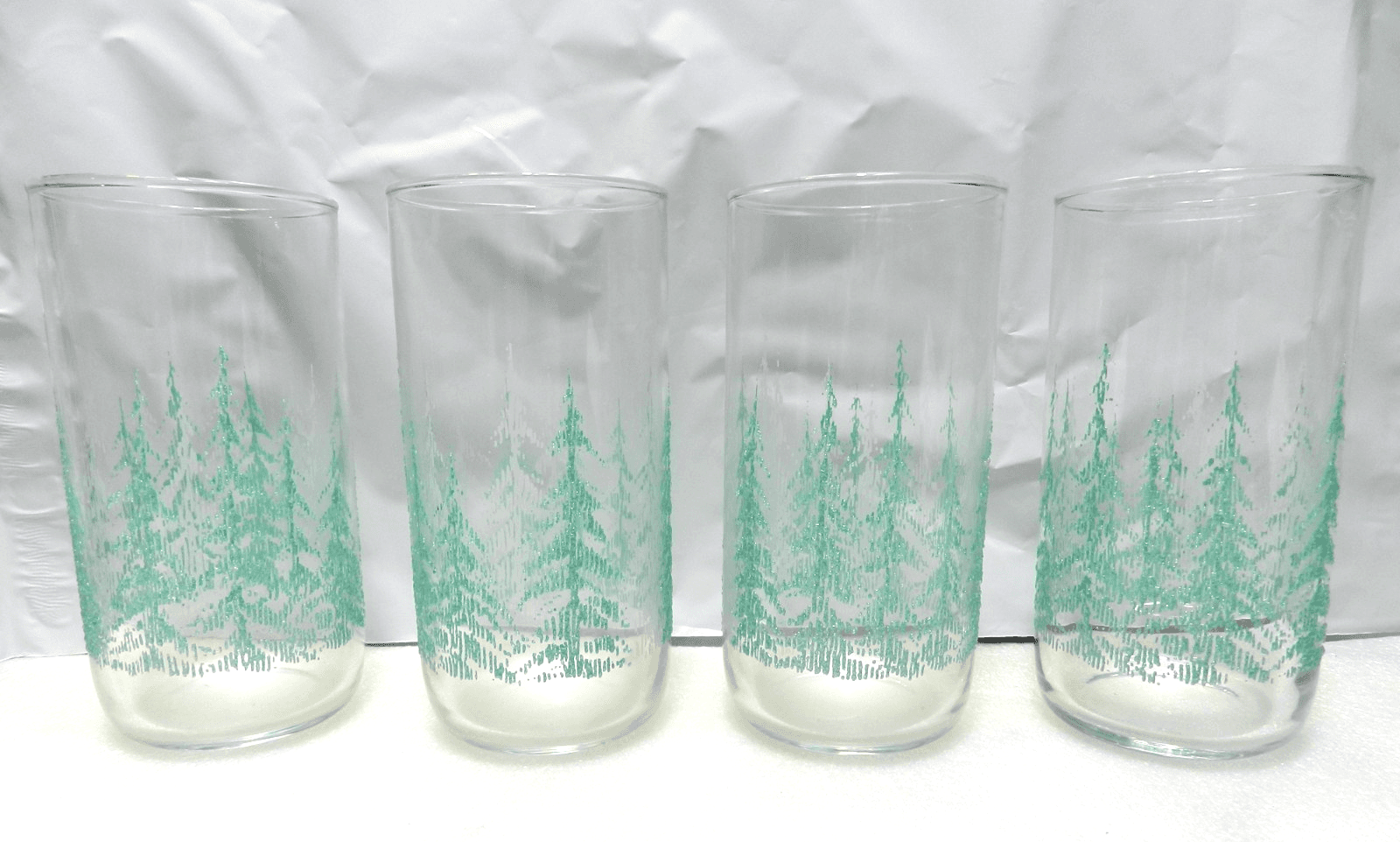 4 Vintage Libbey Frosty Pines/Christmas Tree tumblers Glasses Teal & White Z41JJ