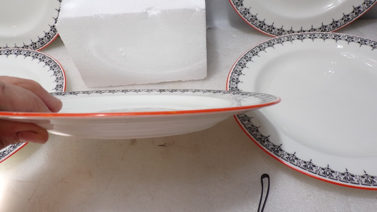 6 Vintage Cauldon England Salad Plates Black/White Orange Rim 8 5/8" (J99J) - Thumbnail 5