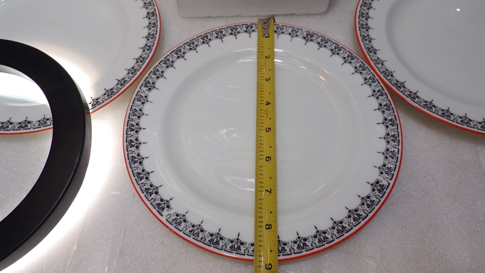 6 Vintage Cauldon England Salad Plates Black/White Orange Rim 8 5/8" (J99J) - Thumbnail 4
