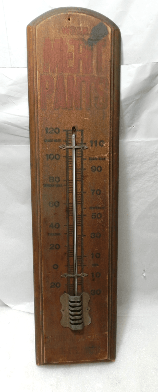 Vintage Large Wood Wear Merit Pants Factory Wall Thermometer Advertising (K2J)