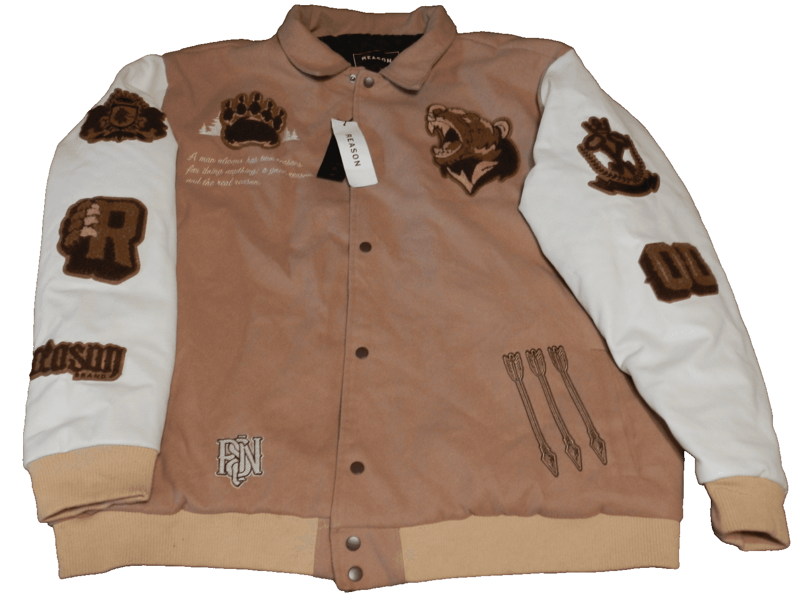 Reason Brand Varsity Style Mens Coat Bear Sewn Patches Tan/Cream Sz 3XL X20K