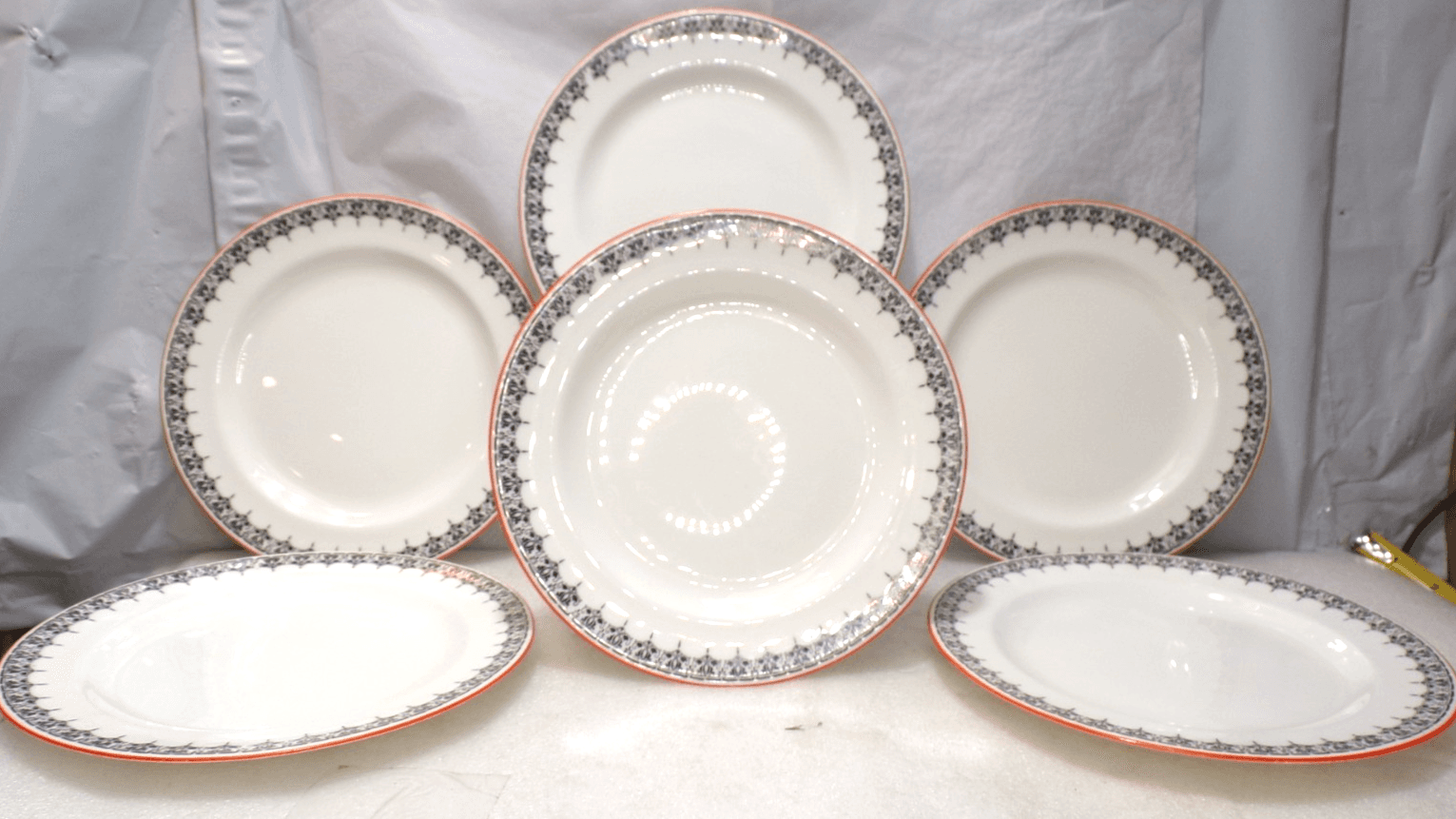 6 Vintage Cauldon England Salad Plates Black/White Orange Rim 8 5/8" (J99J)