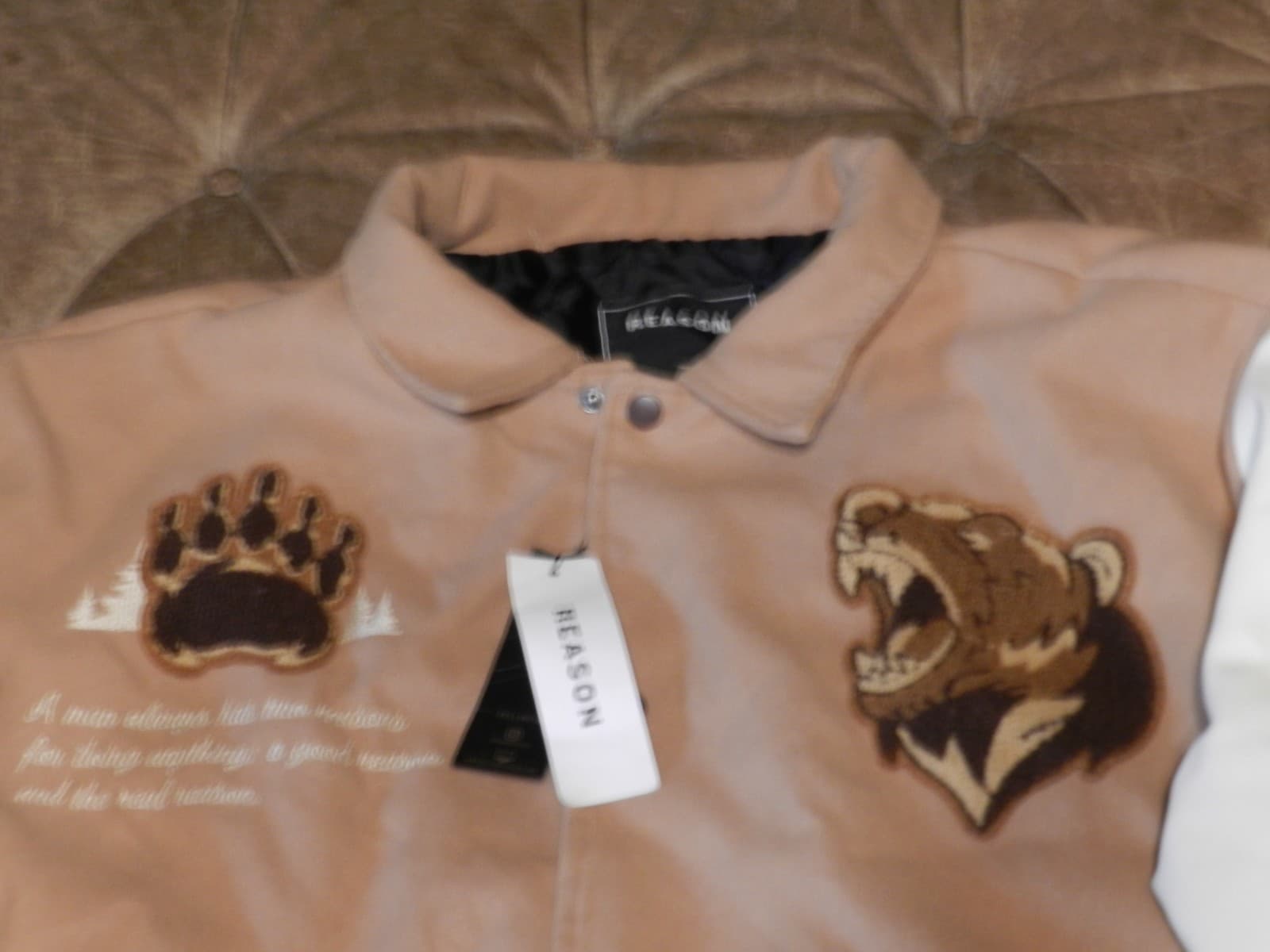 Reason Brand Varsity Style Mens Coat Bear Sewn Patches Tan/Cream Sz 3XL X20K - Thumbnail 2
