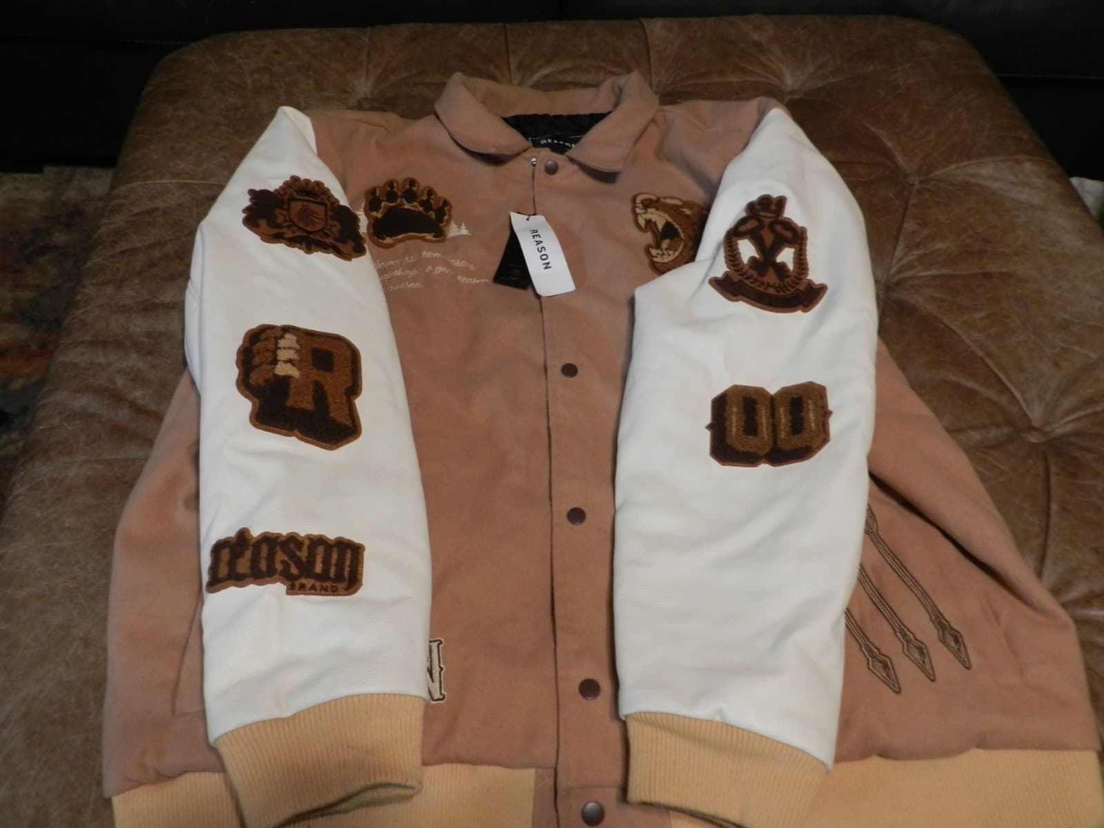 Reason Brand Varsity Style Mens Coat Bear Sewn Patches Tan/Cream Sz 3XL X20K - Thumbnail 5