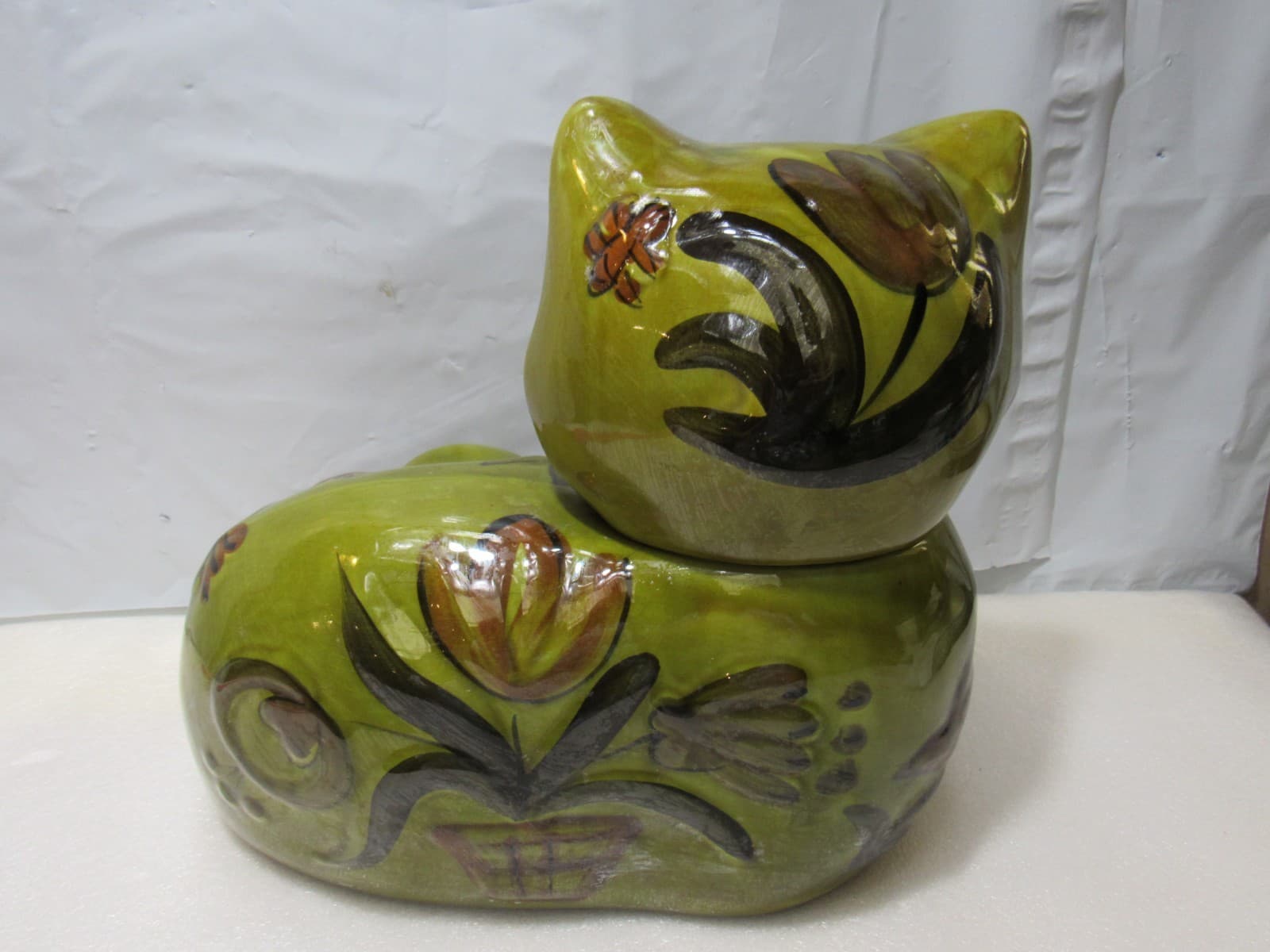 Mid Century 1960s Cookie Jar LOS ANGELES POTTERY MCM Avocado Green Cat U28JJ - Thumbnail 6