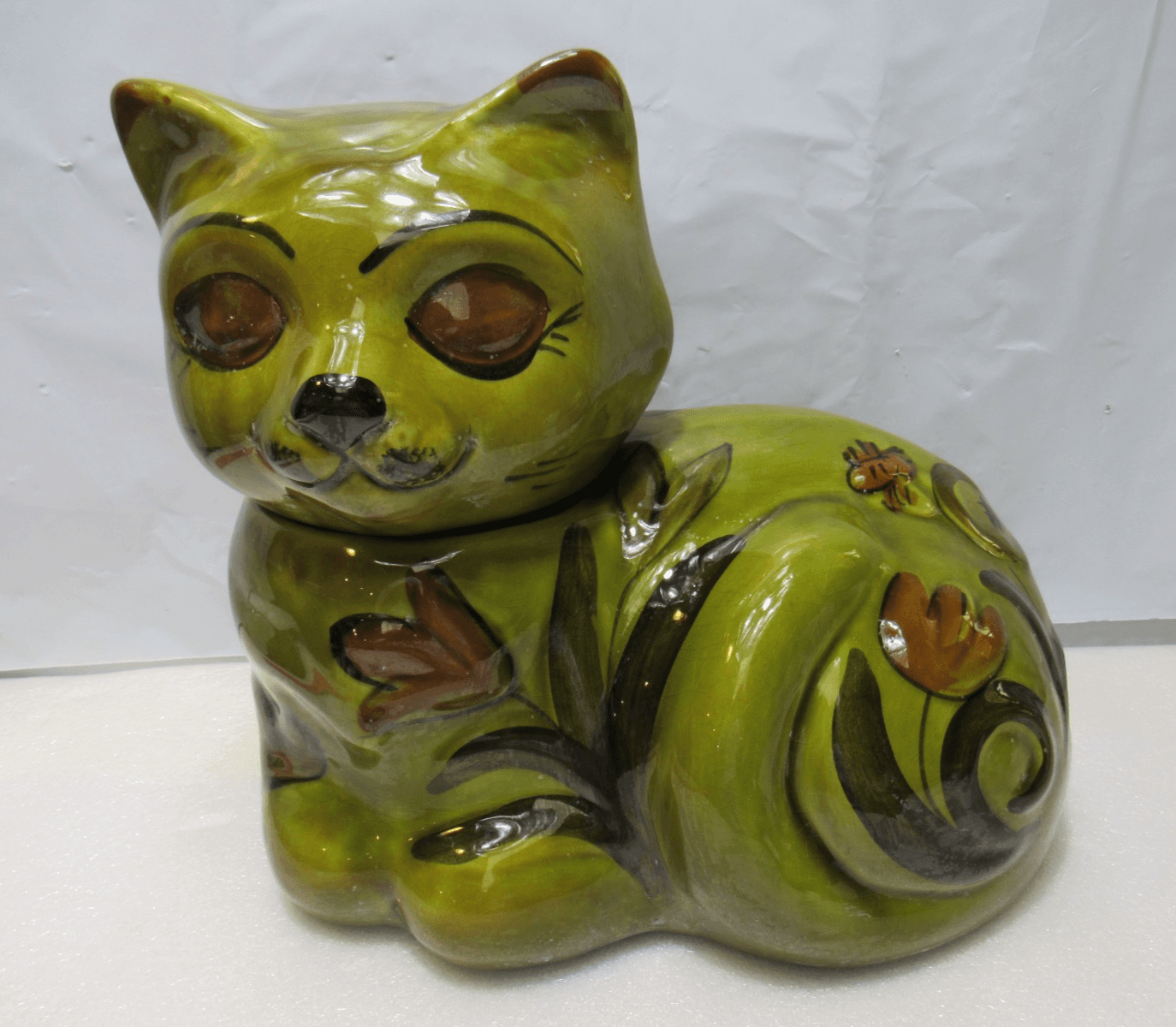 Mid Century 1960s Cookie Jar LOS ANGELES POTTERY MCM Avocado Green Cat U28JJ