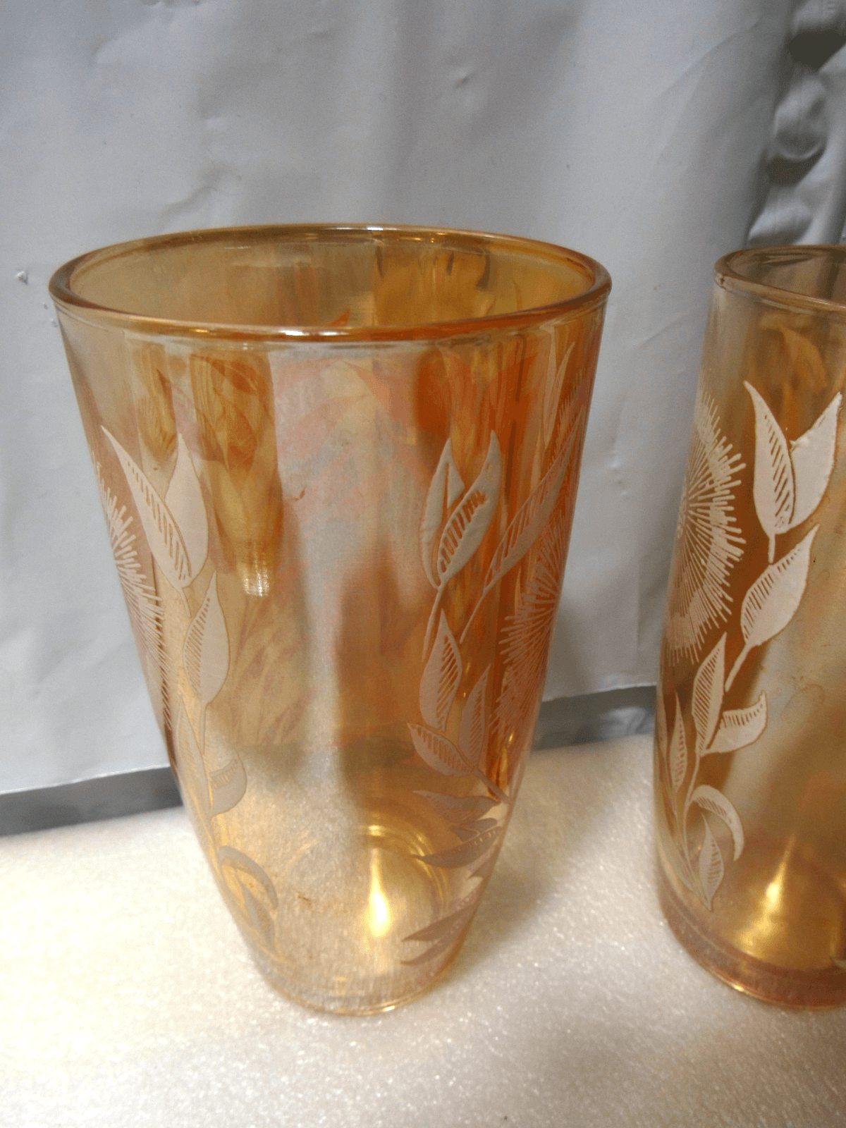 Vintage JEANETTE 1950s Marigold Carnival Glass Pitcher/6 Cups White Cosmos U38JJ - Thumbnail 17
