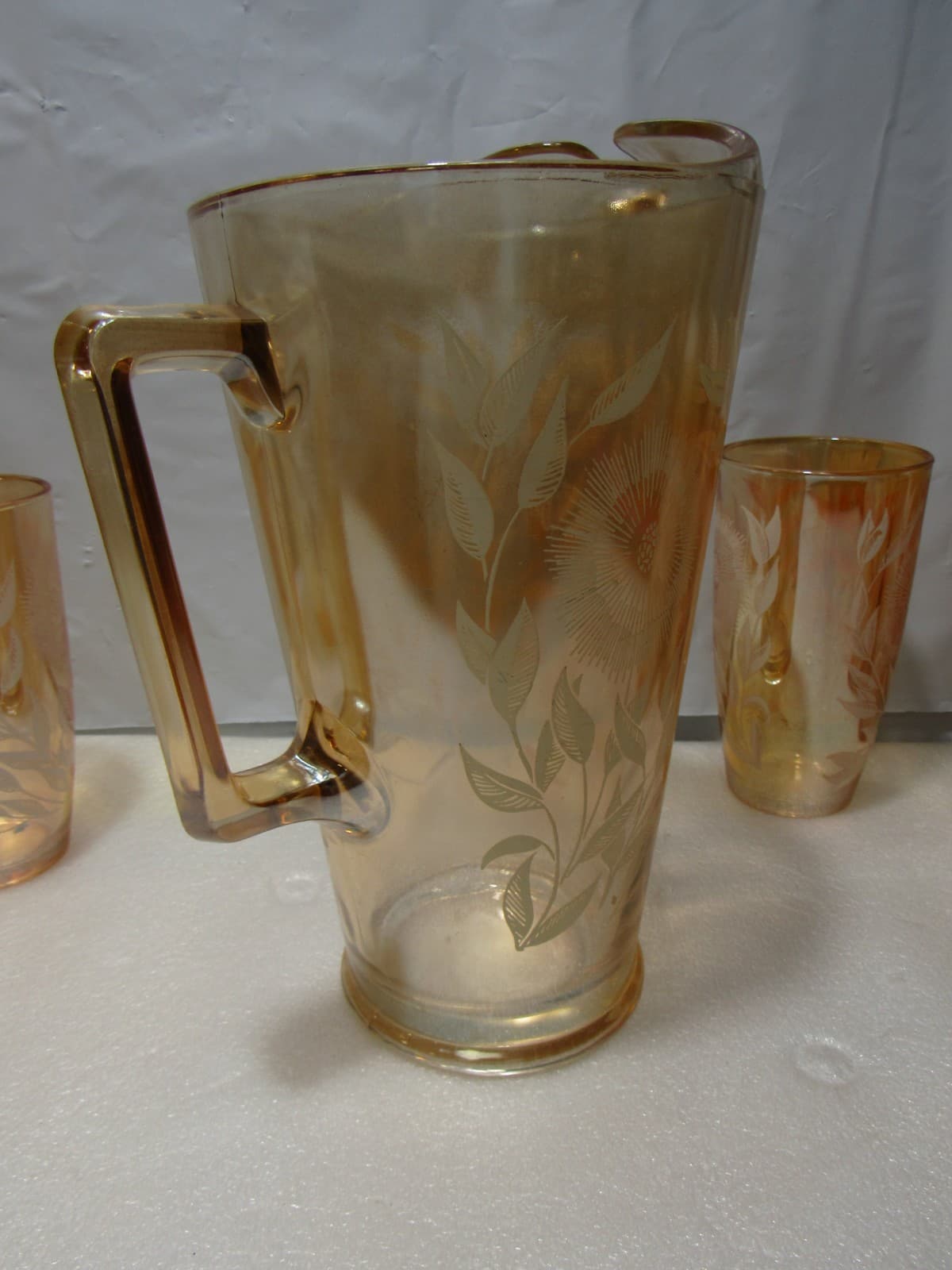Vintage JEANETTE 1950s Marigold Carnival Glass Pitcher/6 Cups White Cosmos U38JJ - Thumbnail 11