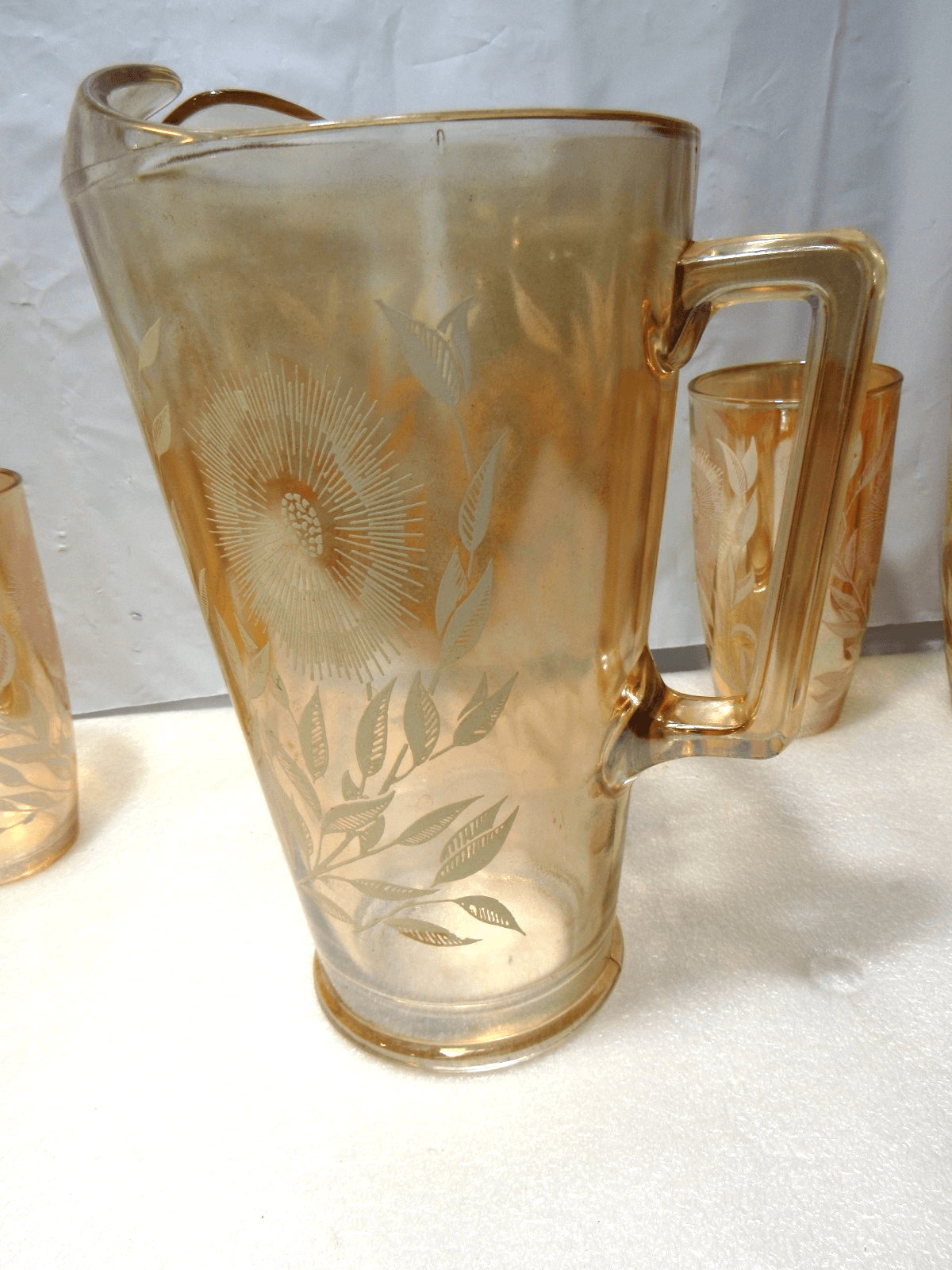 Vintage JEANETTE 1950s Marigold Carnival Glass Pitcher/6 Cups White Cosmos U38JJ - Thumbnail 12
