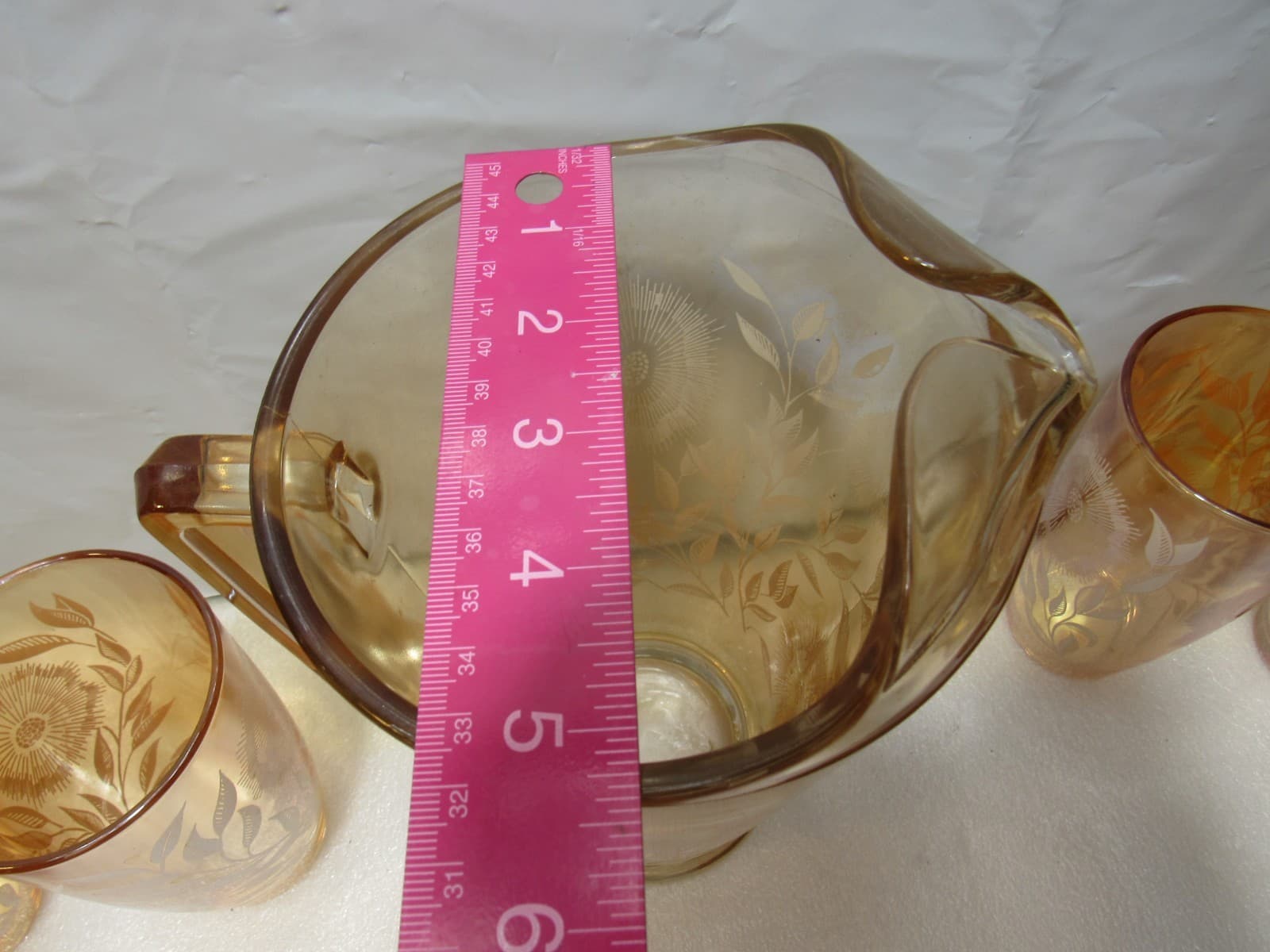 Vintage JEANETTE 1950s Marigold Carnival Glass Pitcher/6 Cups White Cosmos U38JJ - Thumbnail 10