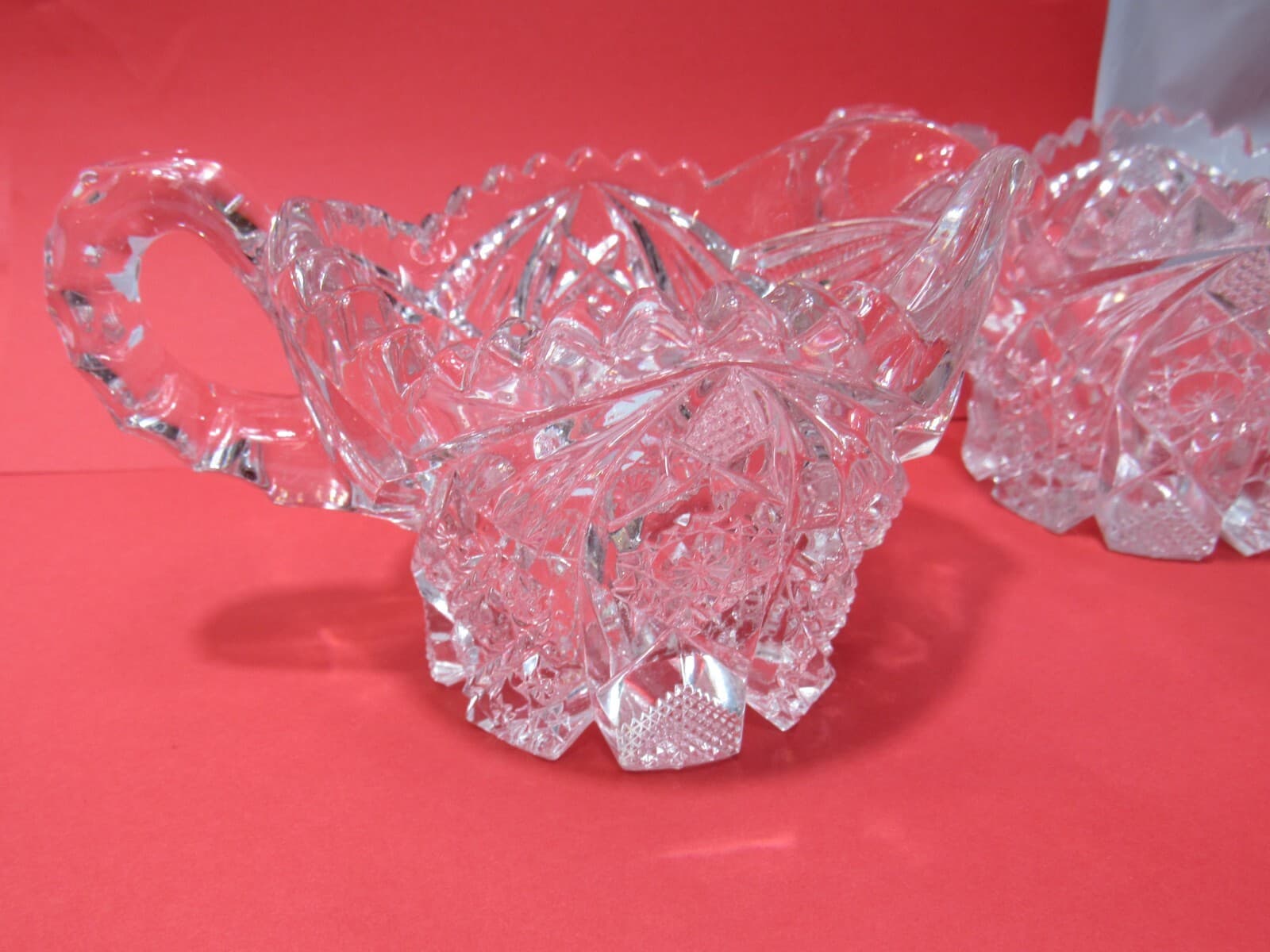 Vintage Heavy Crystal Etched Glass Sawtooth Edge Creamer and Sugar PItcher O97M - Thumbnail 6