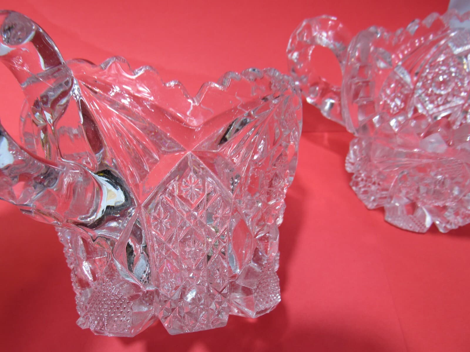 Vintage Heavy Crystal Etched Glass Sawtooth Edge Creamer and Sugar PItcher O97M - Thumbnail 5